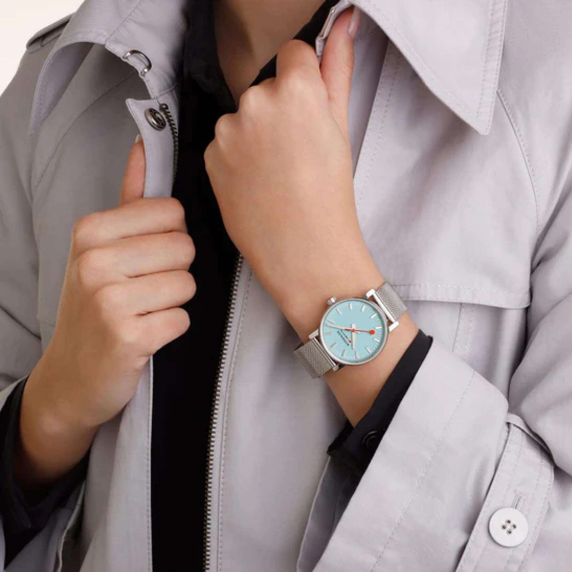 Mondaine Evo2 Quartz Turquoise Dial Stainless Steel Bracelet Unisex Watch MSE.35140.SM