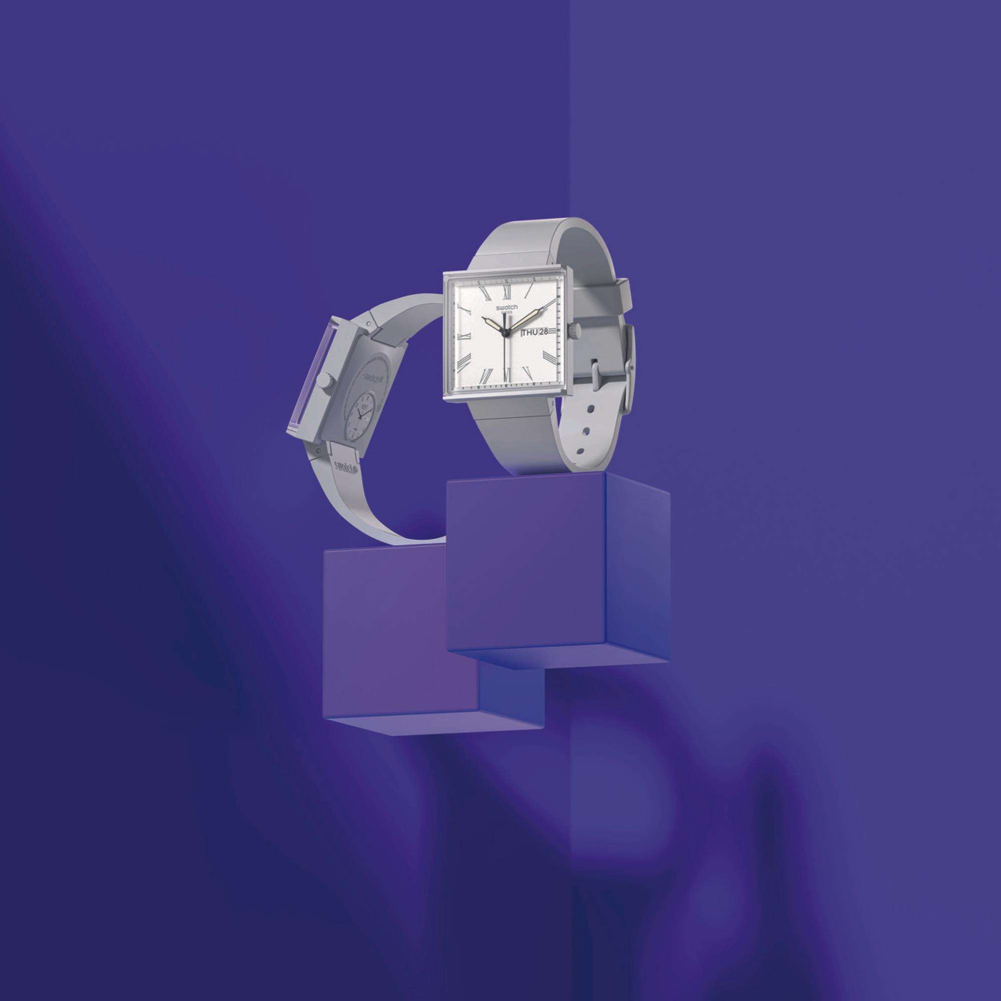 Swatch WHAT IF...GRAY? Square Bioceramic White Dial Bio-sourced Strap Watch SO34M700