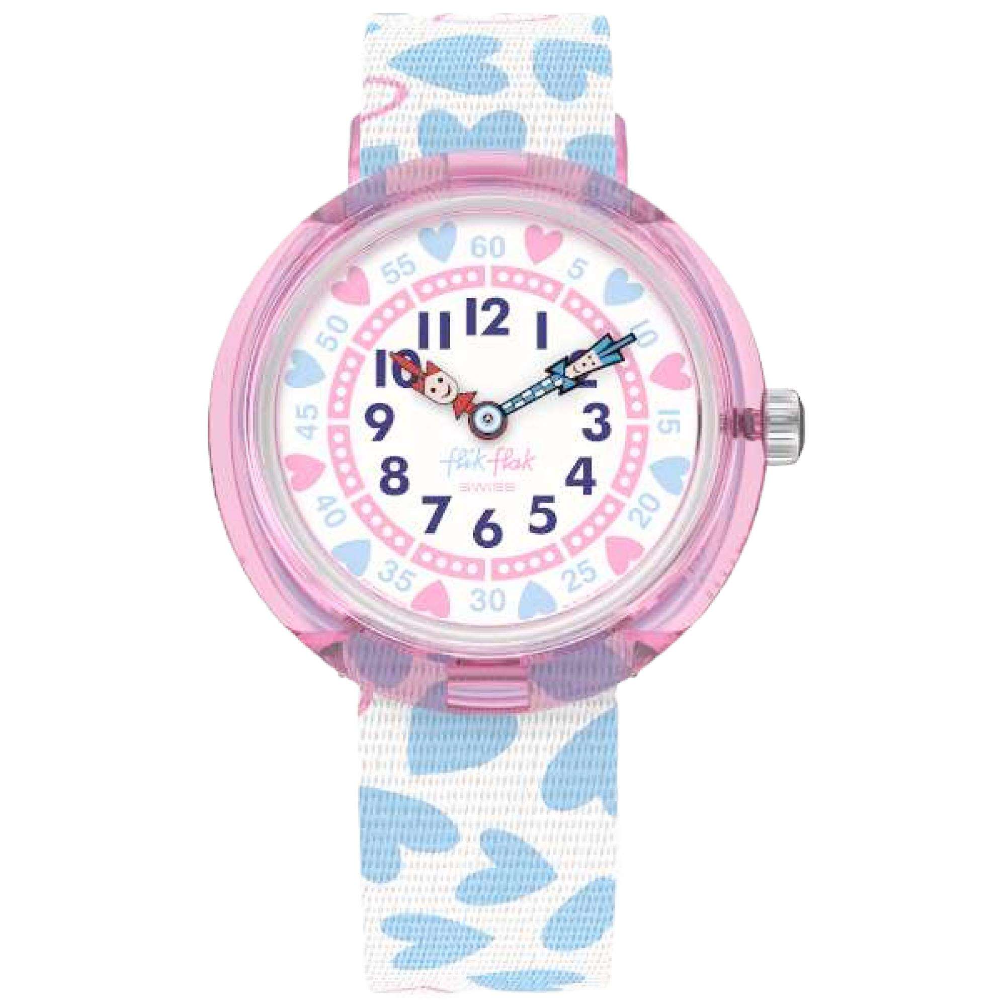 Flik Flak Colour Crush White Blue Fabric Heart Strap Kids Watch FBNP192