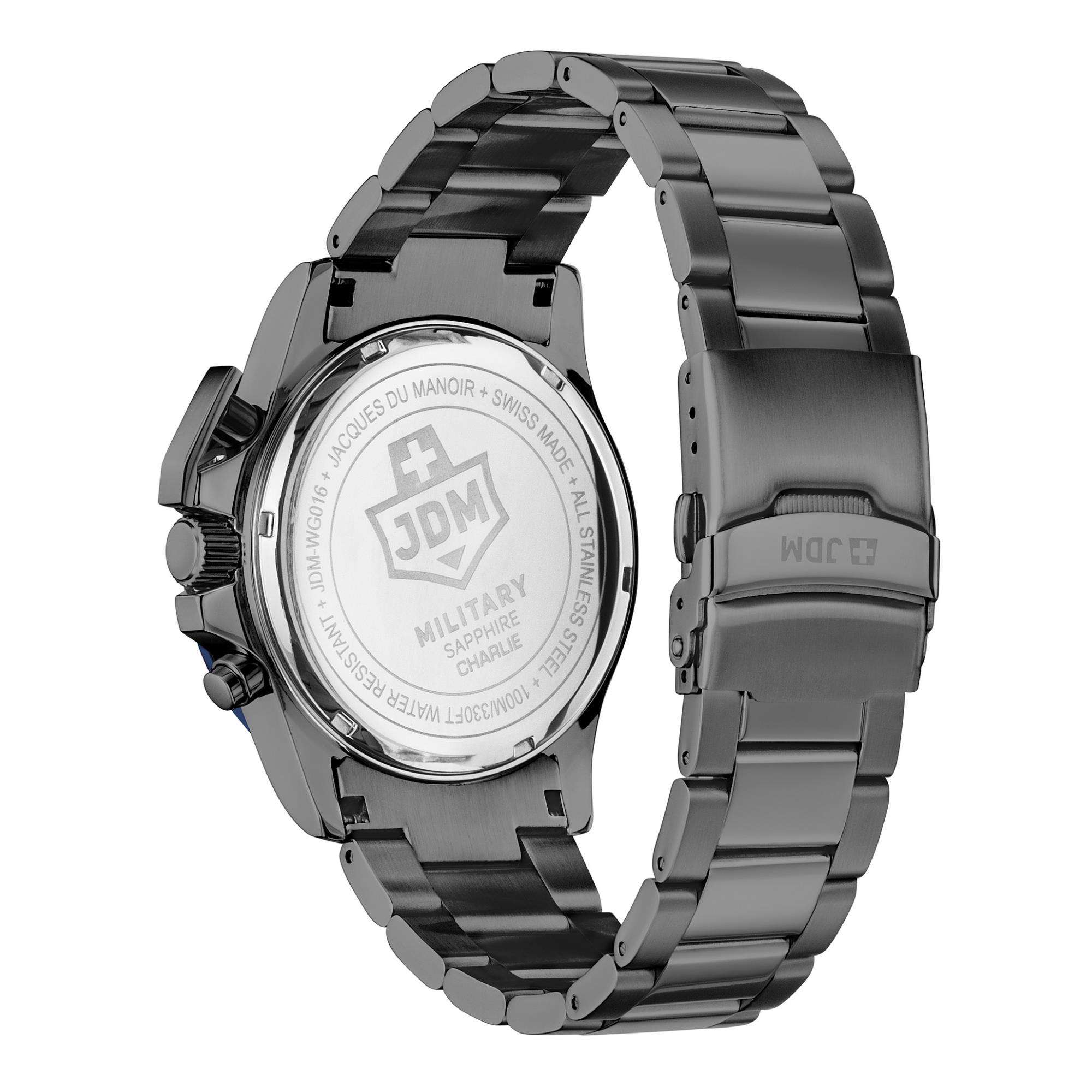 JDM Military Charlie Blue Dial Gun IP Steel Bracelet Men's Watch JDM-WG016-03