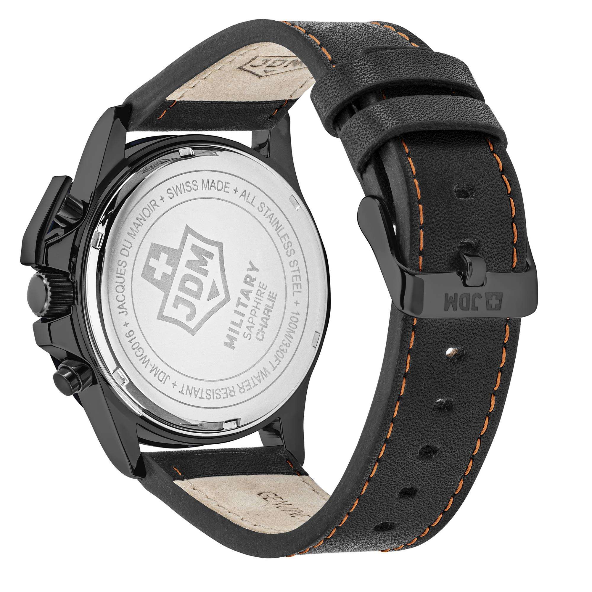 JDM Military Charlie Orange Dial Black Stitched Leather Strap Men's Watch JDM-WG016-06