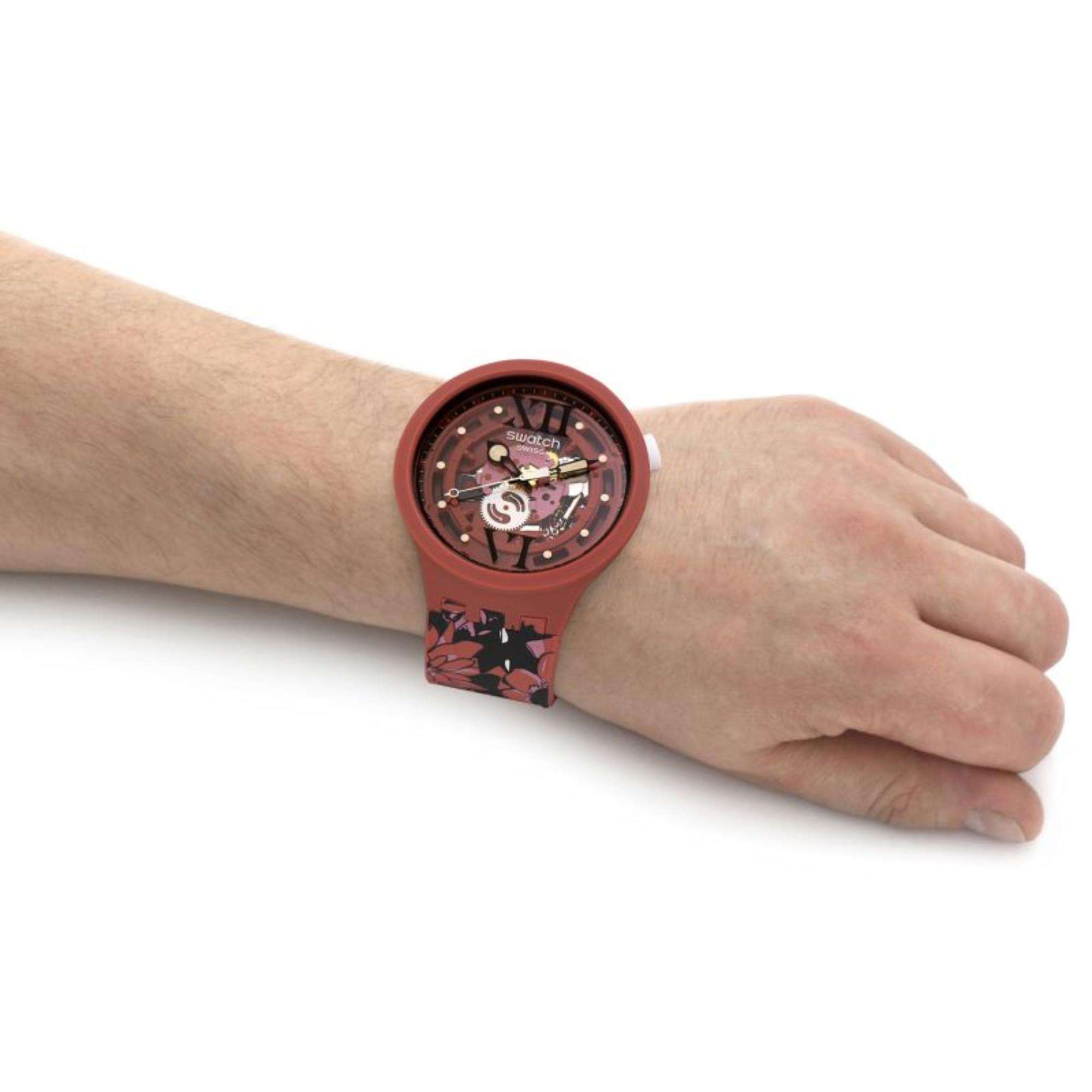 SWATCH CAMOFLOWER COTTON Big Bold Red Dial Watch SB05C100