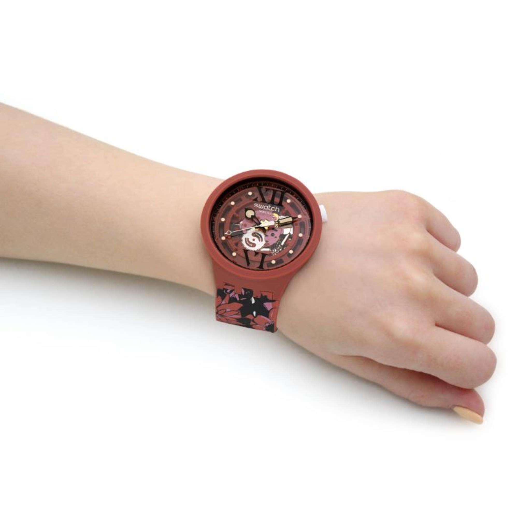 SWATCH CAMOFLOWER COTTON Big Bold Red Dial Watch SB05C100