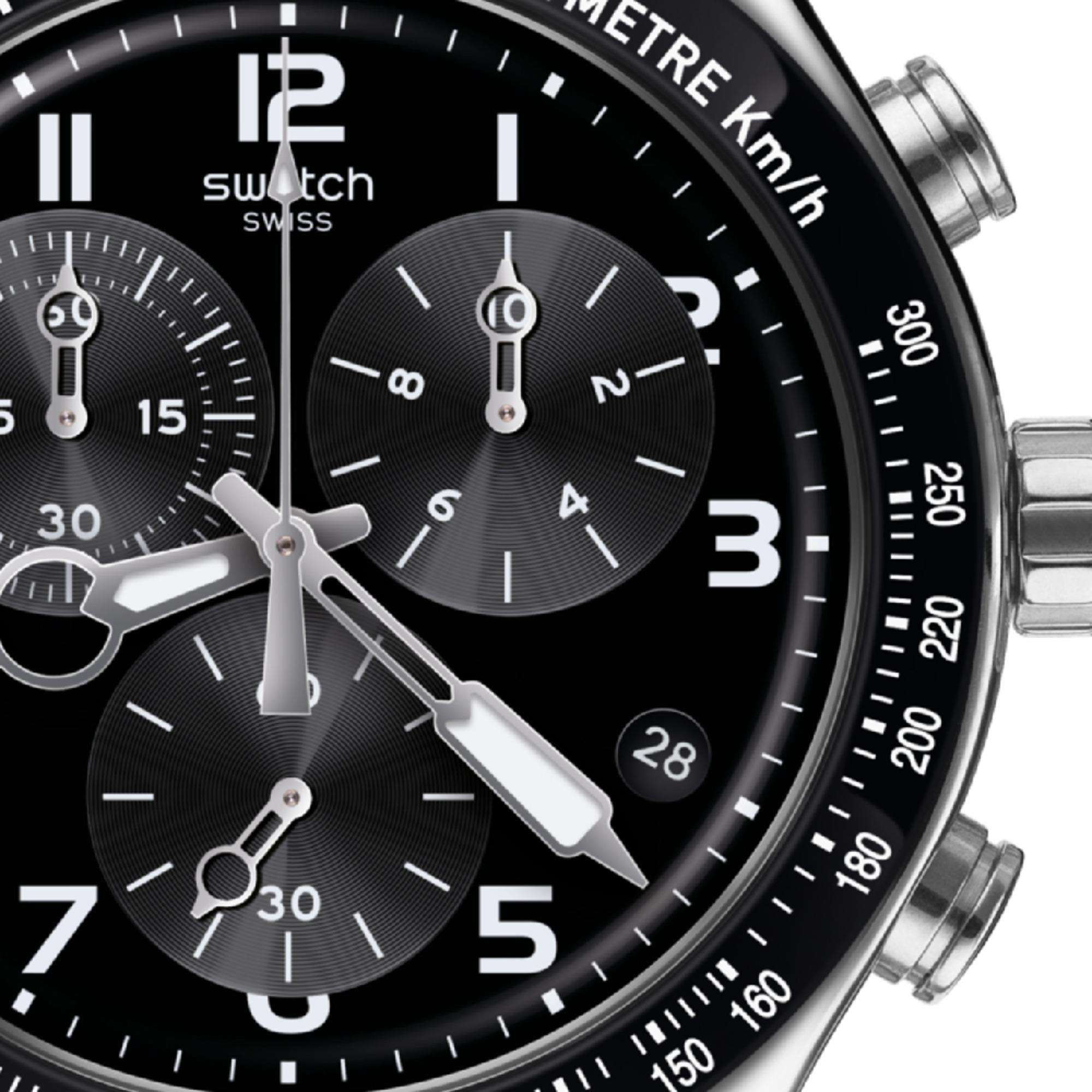 Swatch watch with black face and silver accents on a white background
