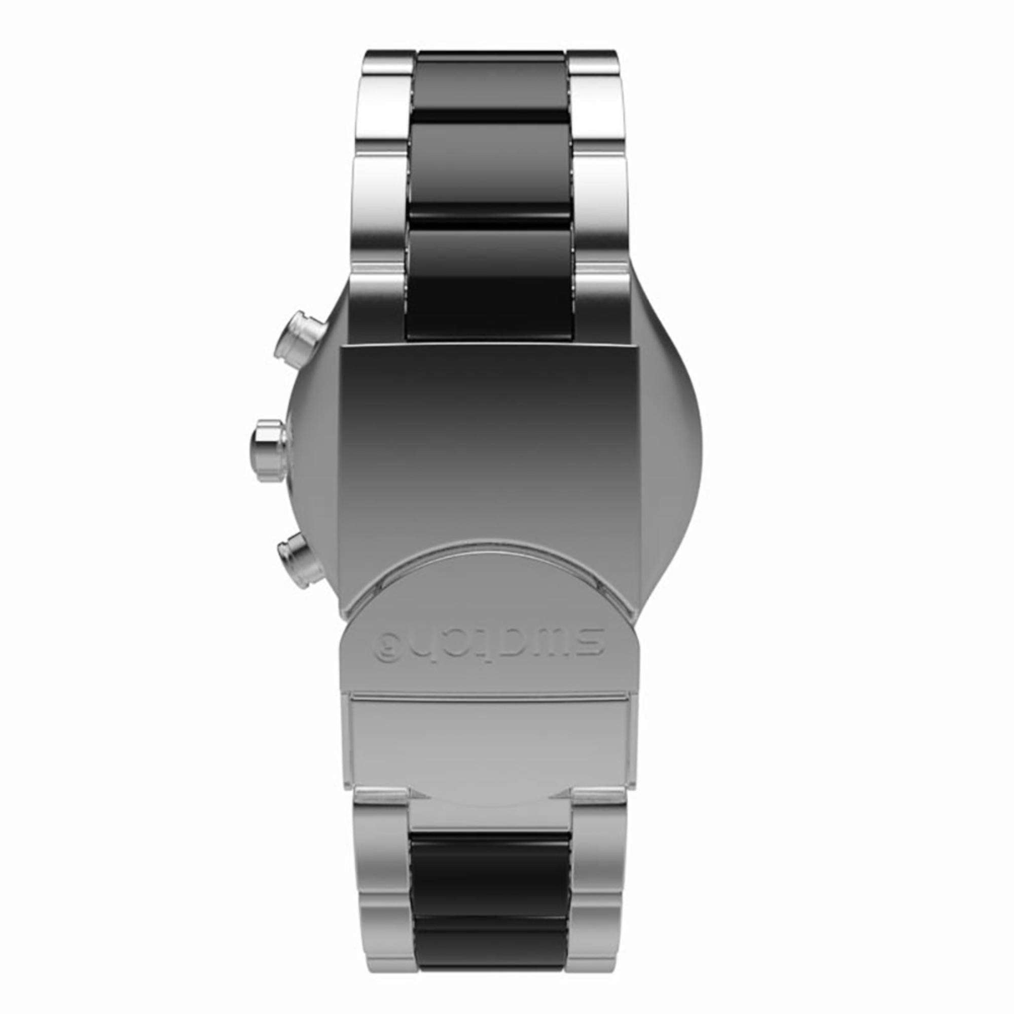 Silver watch with black accents on a white background