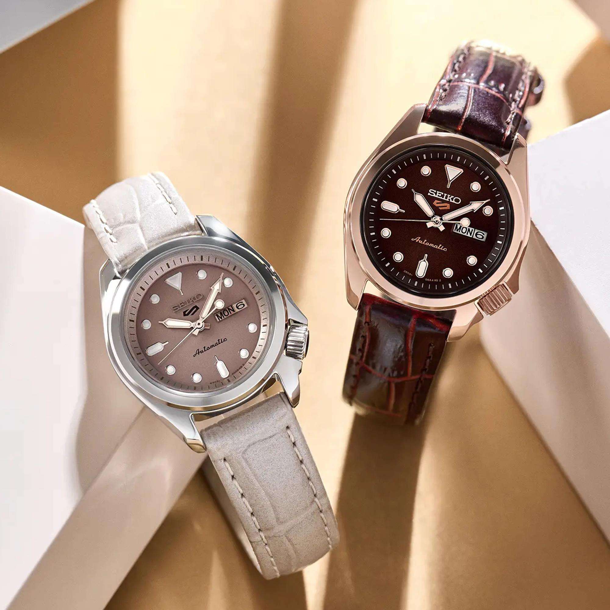 Seiko 5 Sports Automatic Brown Dial Leather Strap Ladies Watch SRE005K1
