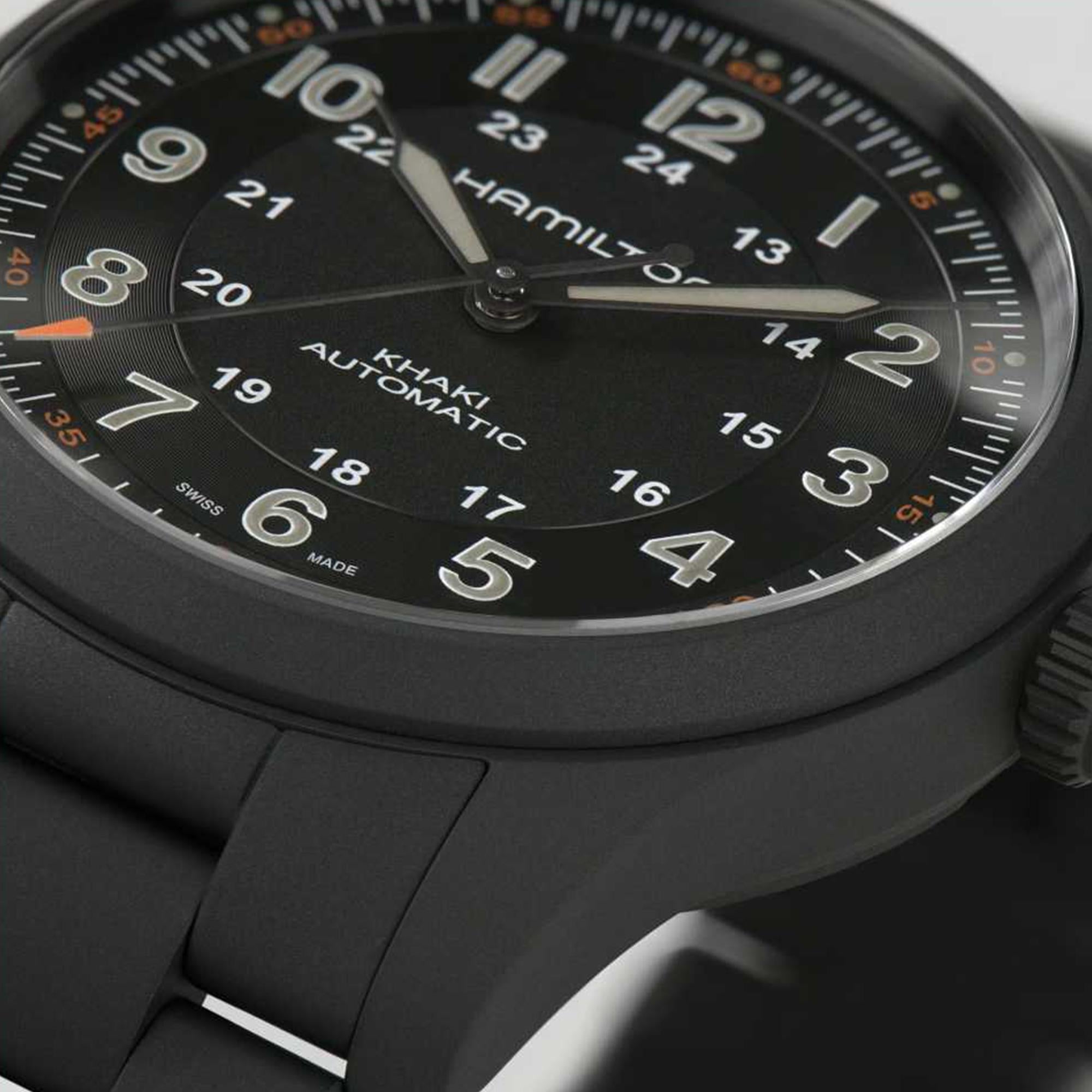 Hamilton Khaki Field H70215130 matte black dial with Arabic numerals and 24-hour inner track close-up