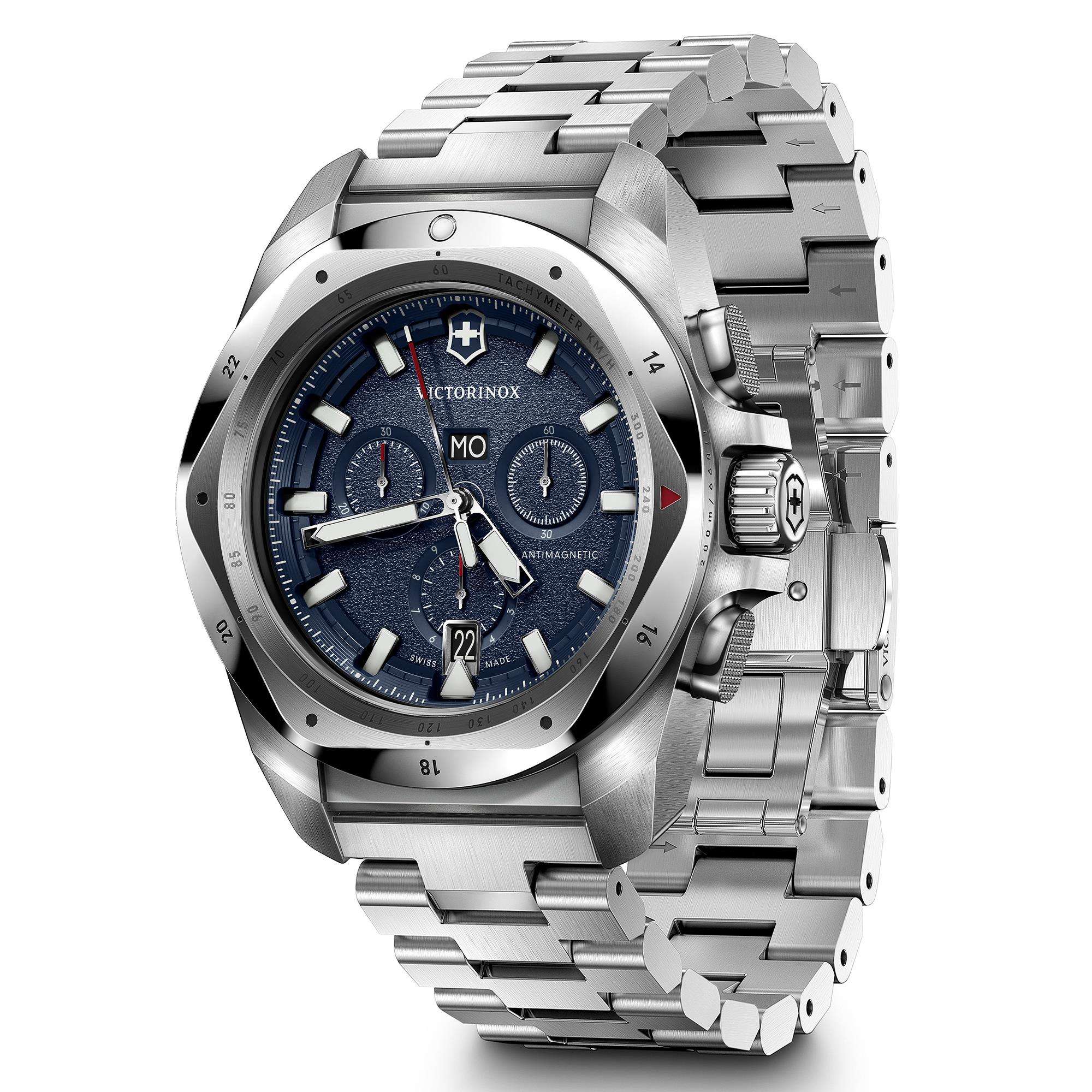 Victorinox I.N.O.X. 241985 stainless steel chronograph watch showing case, crown and bracelet