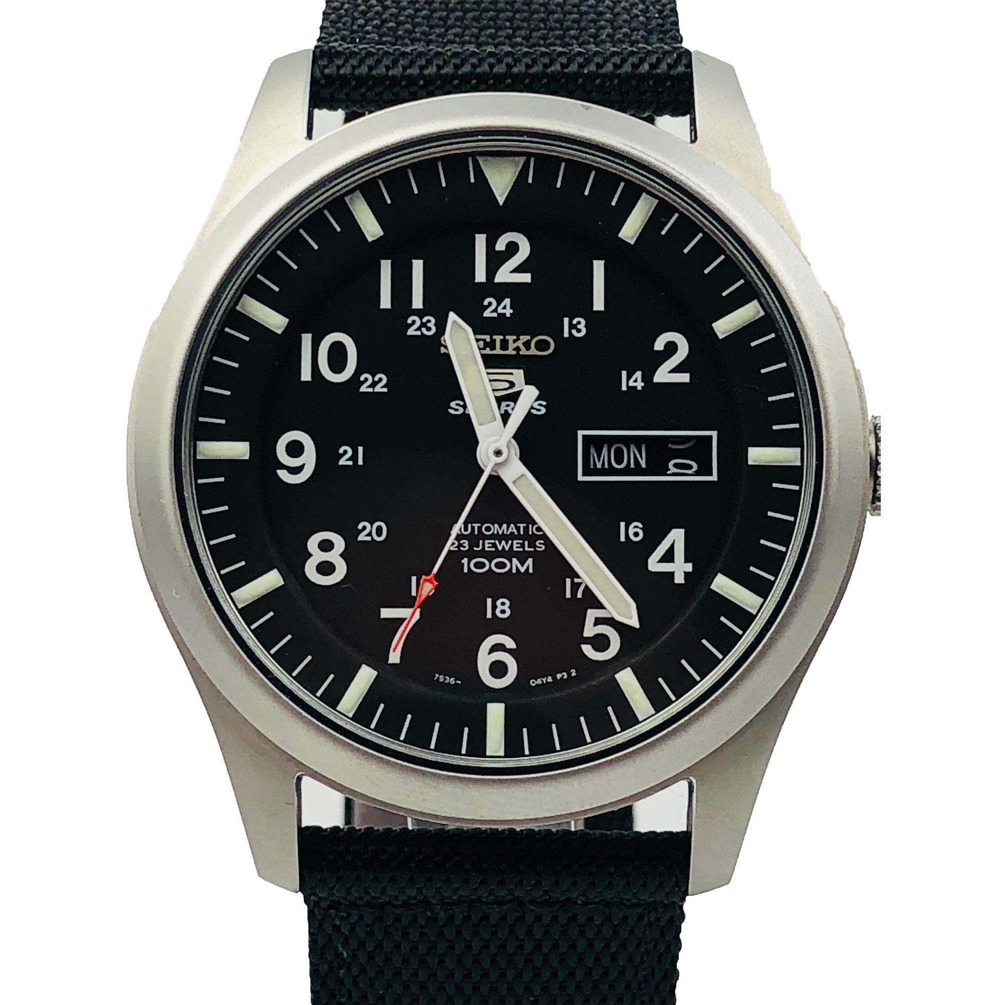 Seiko 5 Sports Military Automatic Black Dial NATO Canvas Strap Men's Watch SNZG15K1
