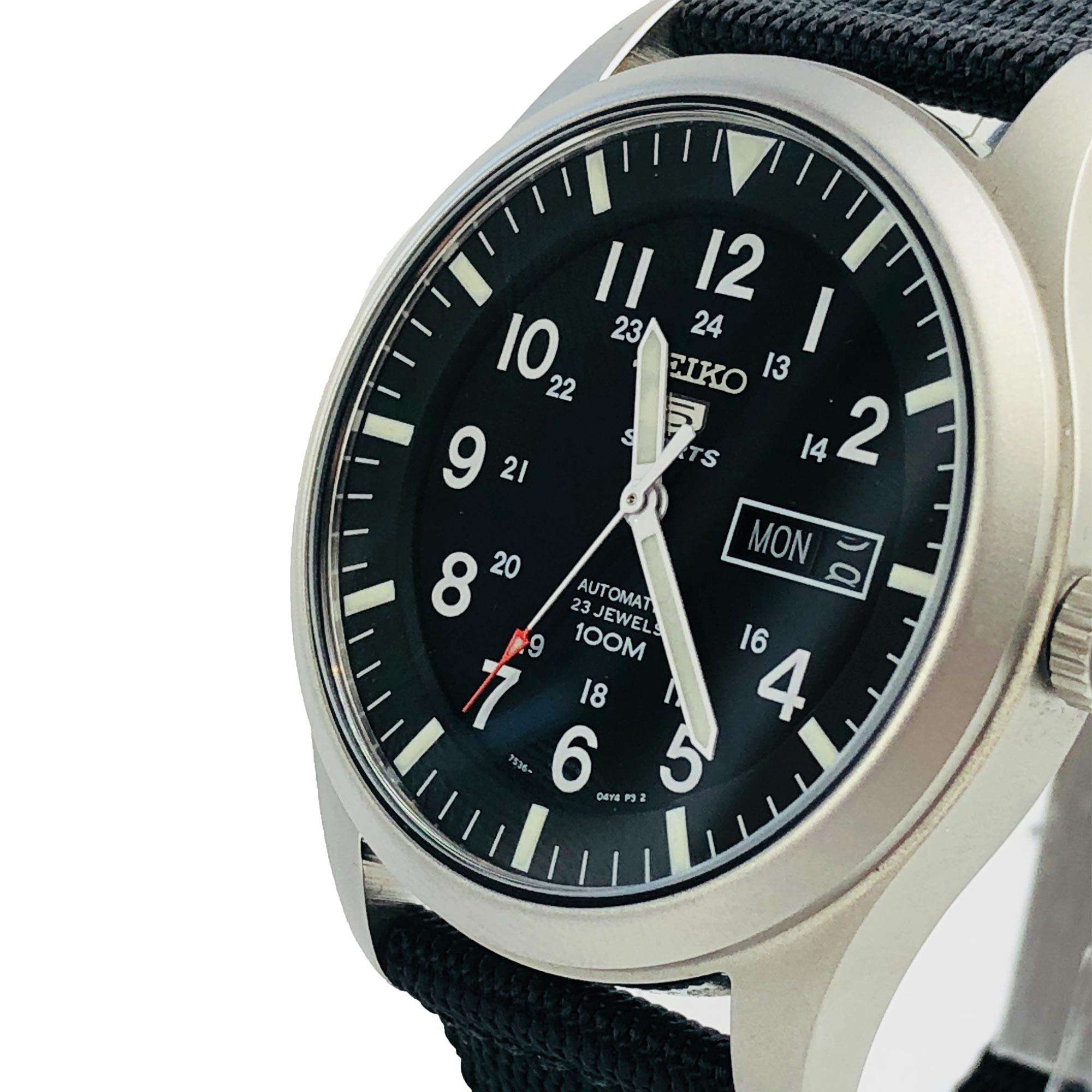 Seiko 5 Sports Military Automatic Black Dial NATO Canvas Strap Men's Watch SNZG15K1