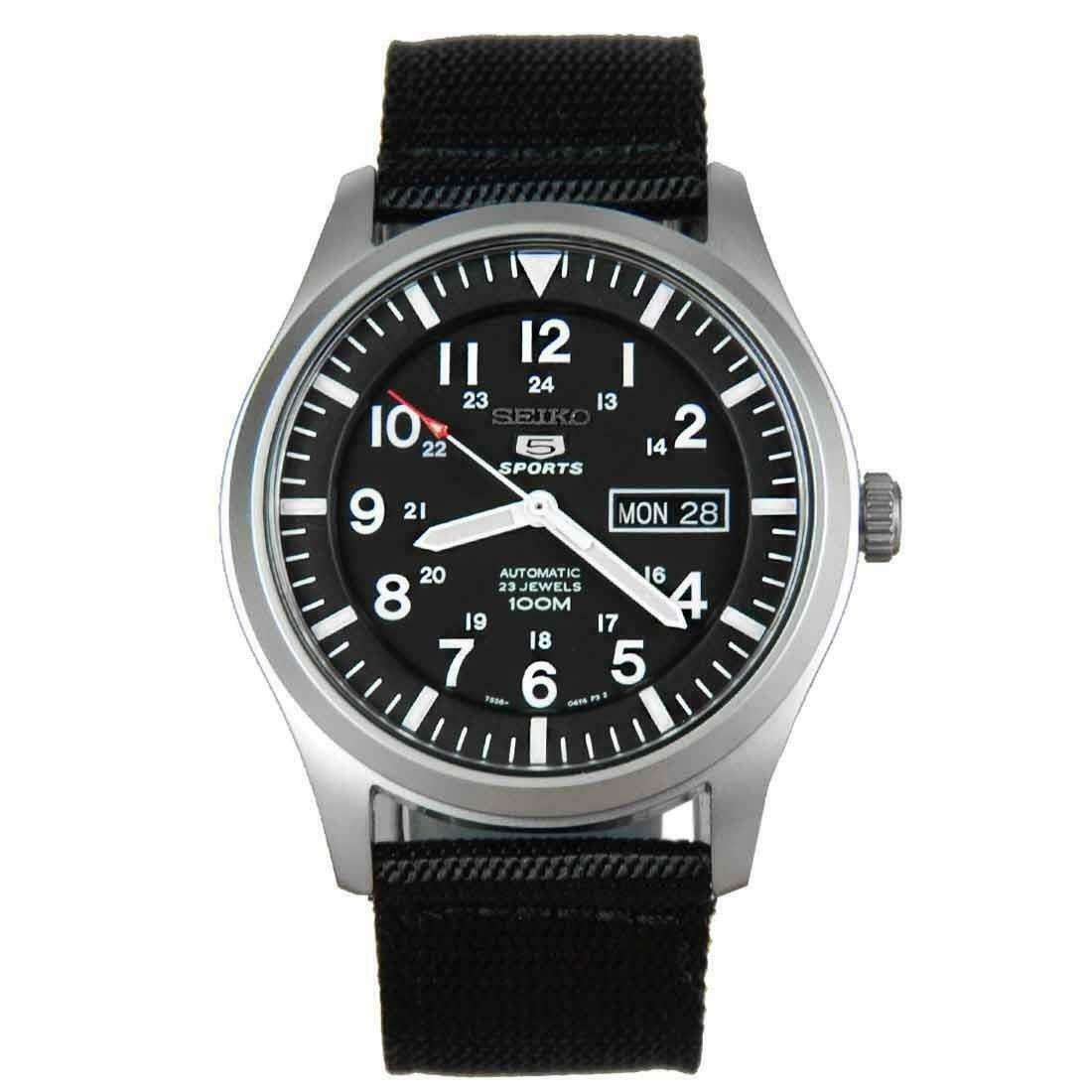 Seiko 5 Sports Military Automatic Black Dial NATO Canvas Strap Men's Watch SNZG15K1