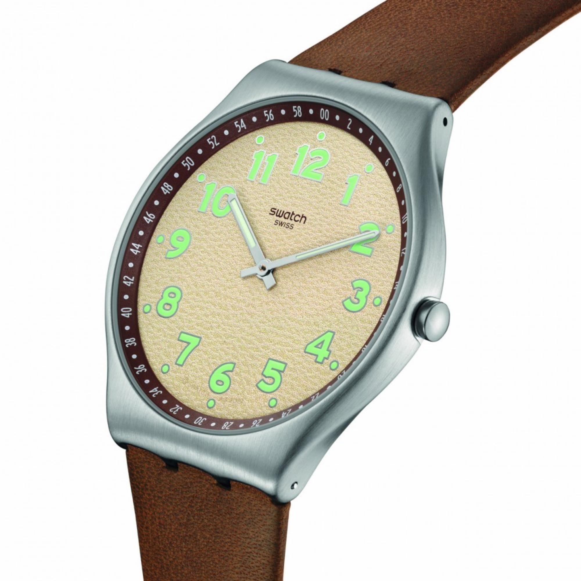 Swatch Tabby Hepcat Brown Leather Strap Beige Dial Steel Case Unisex Watch SS07S135