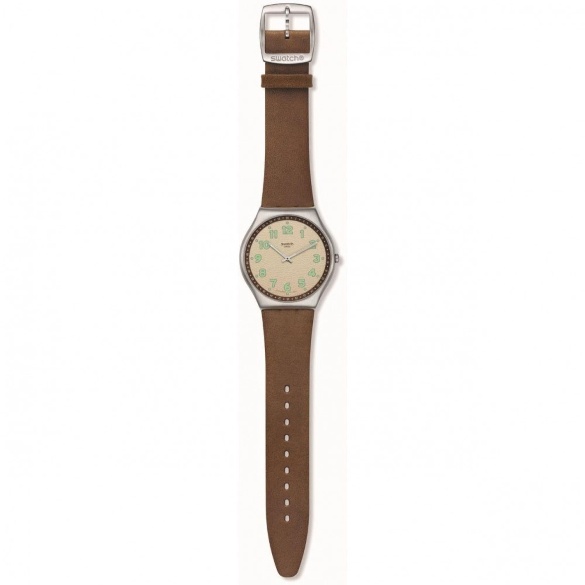 Swatch Tabby Hepcat Brown Leather Strap Beige Dial Steel Case Unisex Watch SS07S135