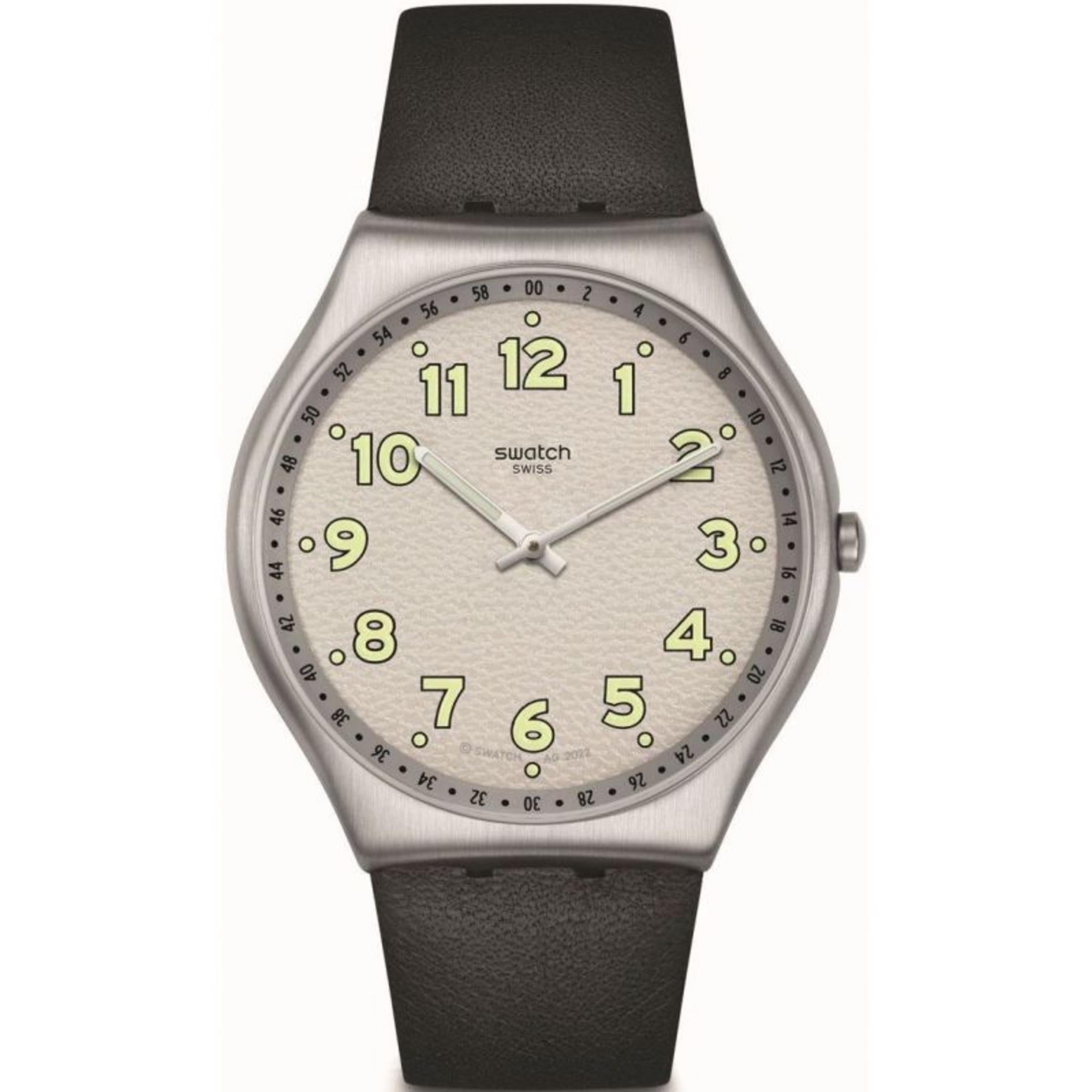 Swatch Black Hepcat Black Leather Strap White Dial Steel Case Unisex Watch SS07S134