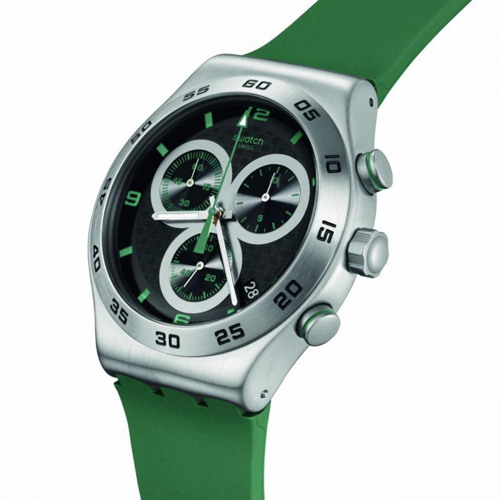Swatch CARBONIC GREEN Green Silicone Strap Steel Case Black Dial Unisex Watch YVS525