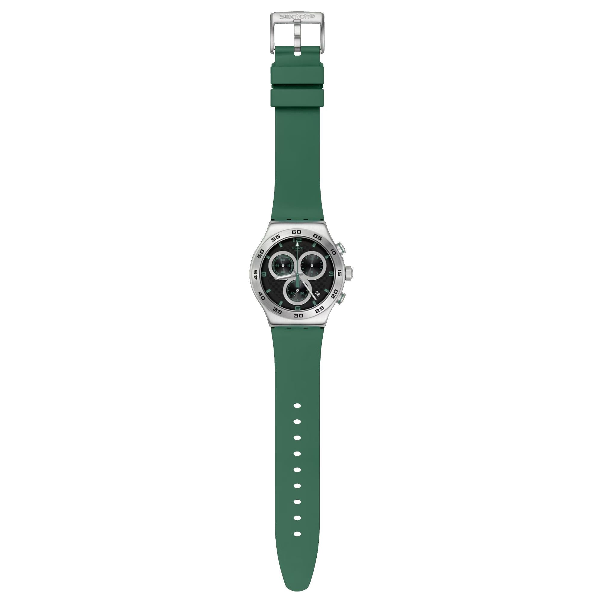 Swatch CARBONIC GREEN Green Silicone Strap Steel Case Black Dial Unisex Watch YVS525