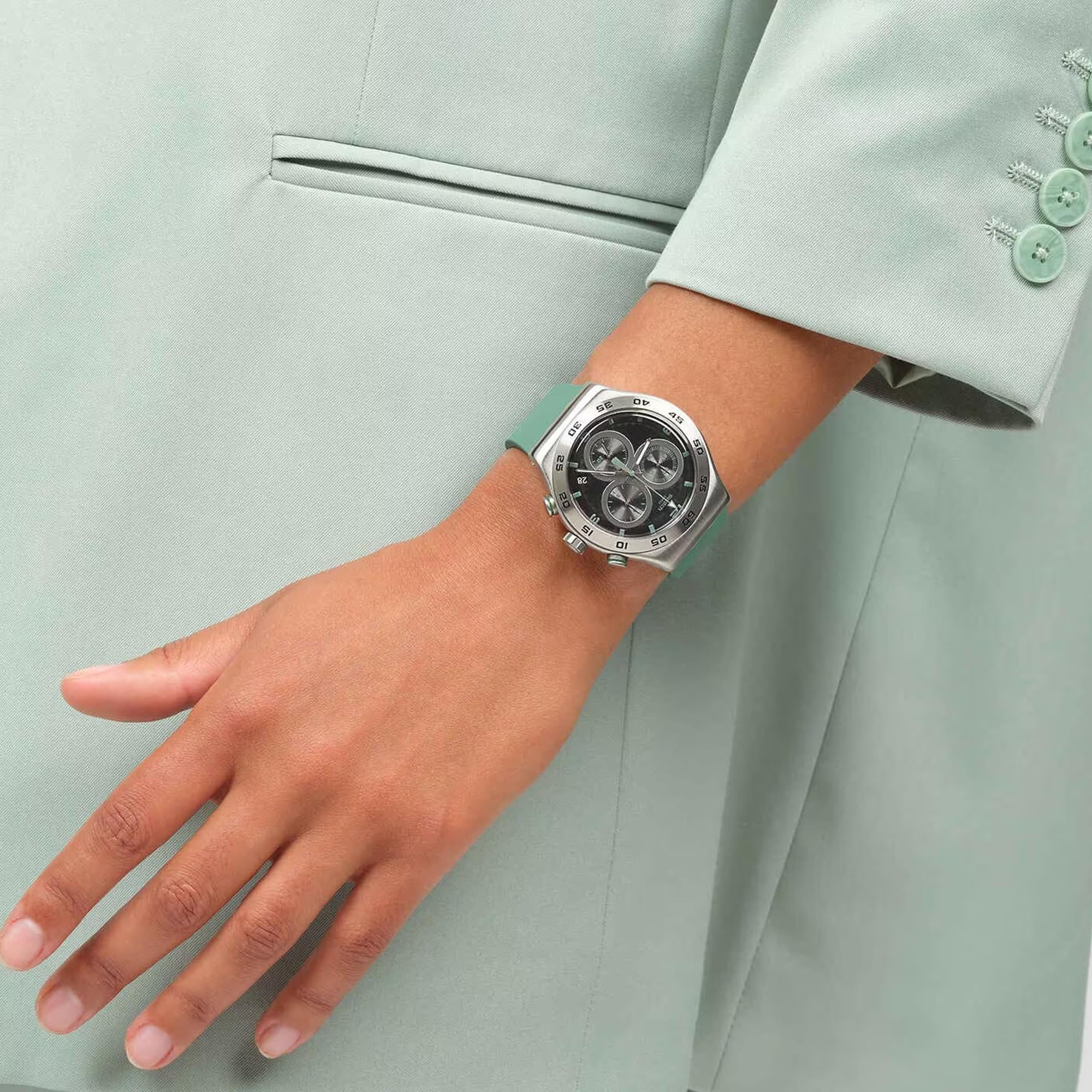 Swatch CARBONIC GREEN Green Silicone Strap Steel Case Black Dial Unisex Watch YVS525