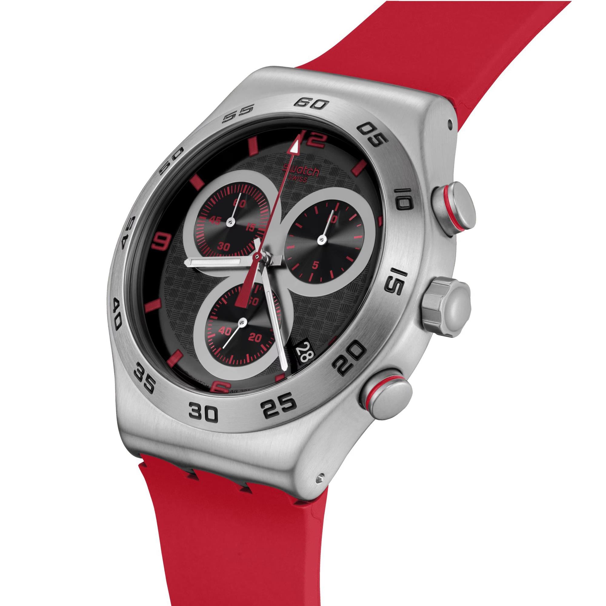 Swatch CRIMSON CARBONIC RED Red Silicone Strap Steel Case Black Dial Unisex Watch YVS524