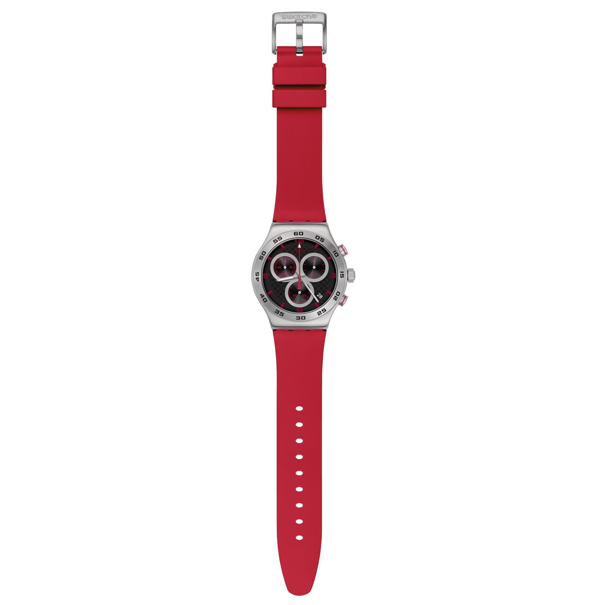 Swatch CRIMSON CARBONIC RED Red Silicone Strap Steel Case Black Dial Unisex Watch YVS524