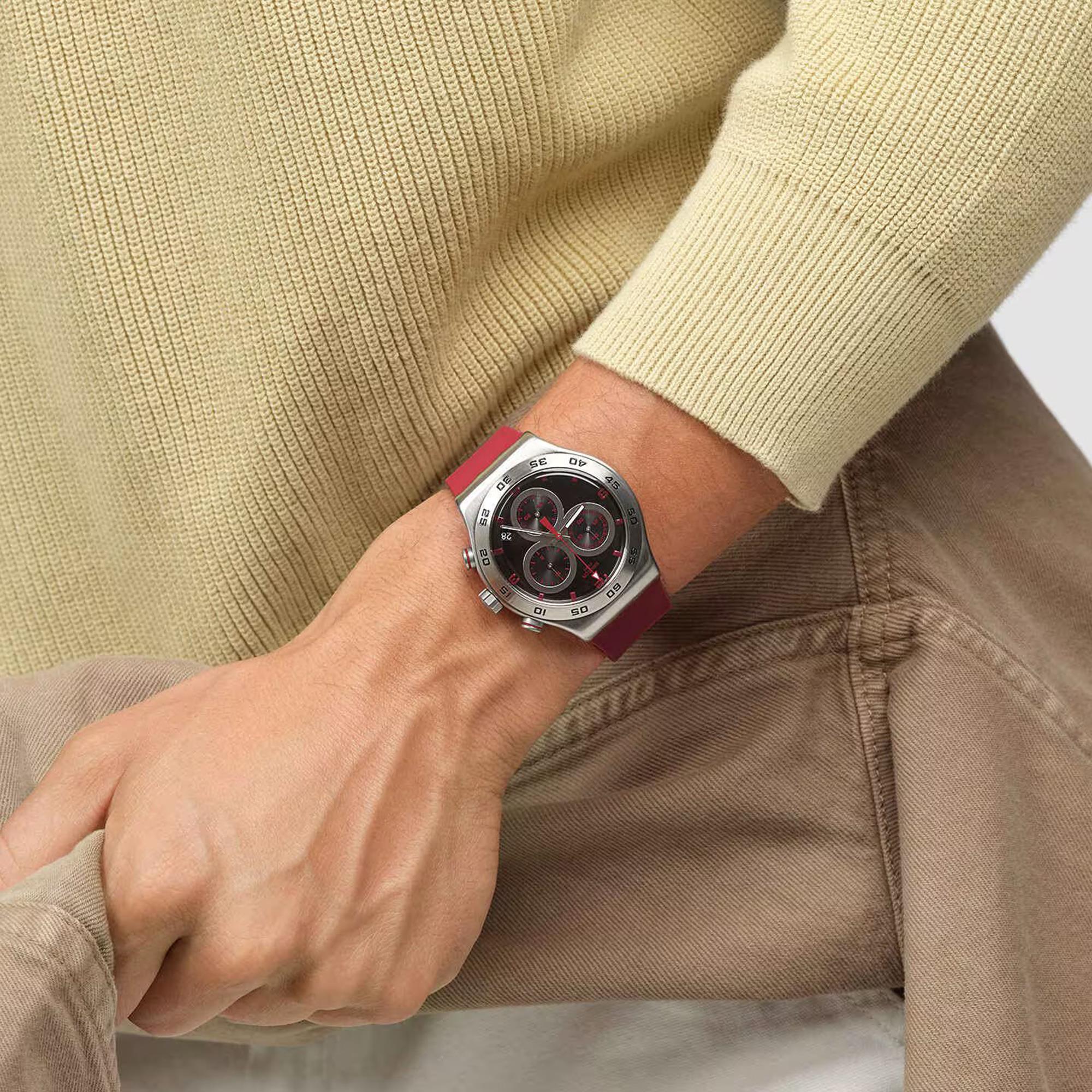 Swatch CRIMSON CARBONIC RED Red Silicone Strap Steel Case Black Dial Unisex Watch YVS524