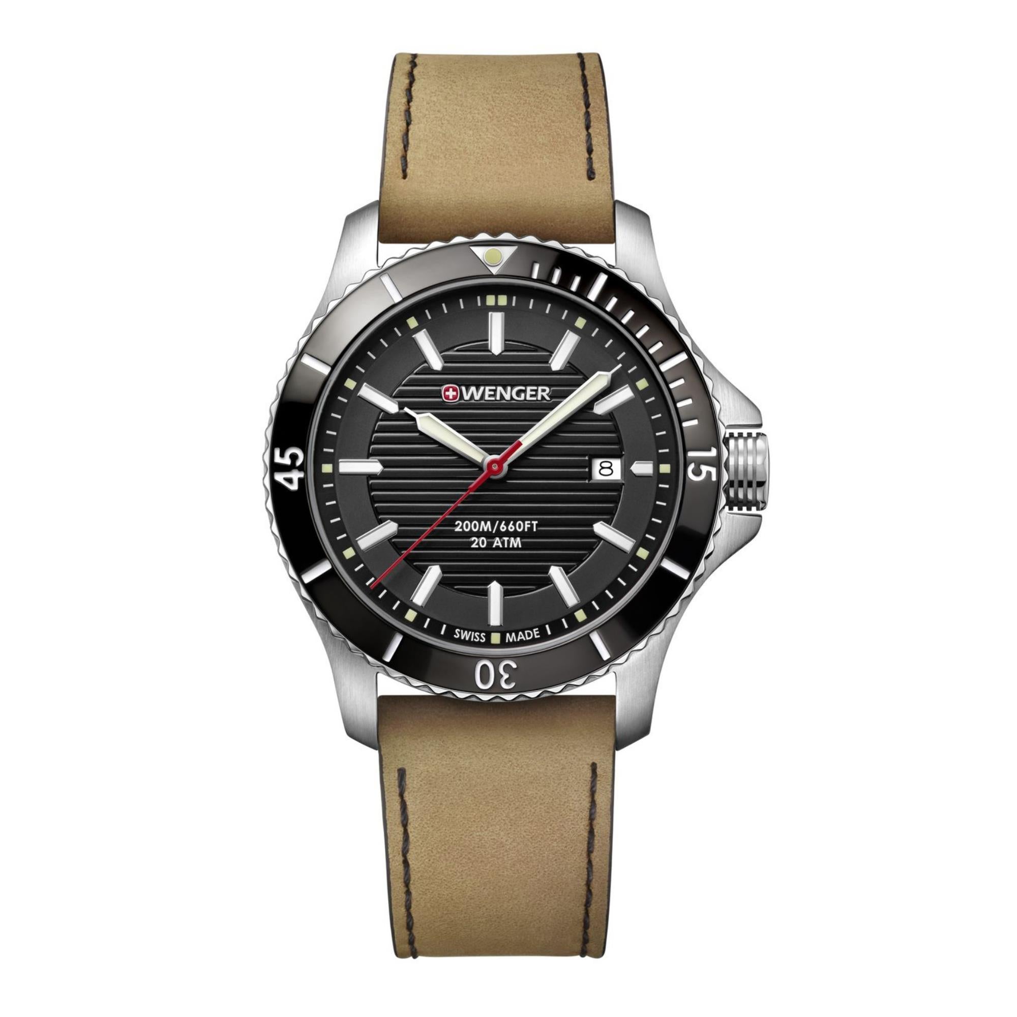 Wenger Seaforce Quartz Black Dial Brown Leather Strap Men's Watch 01.0641.125