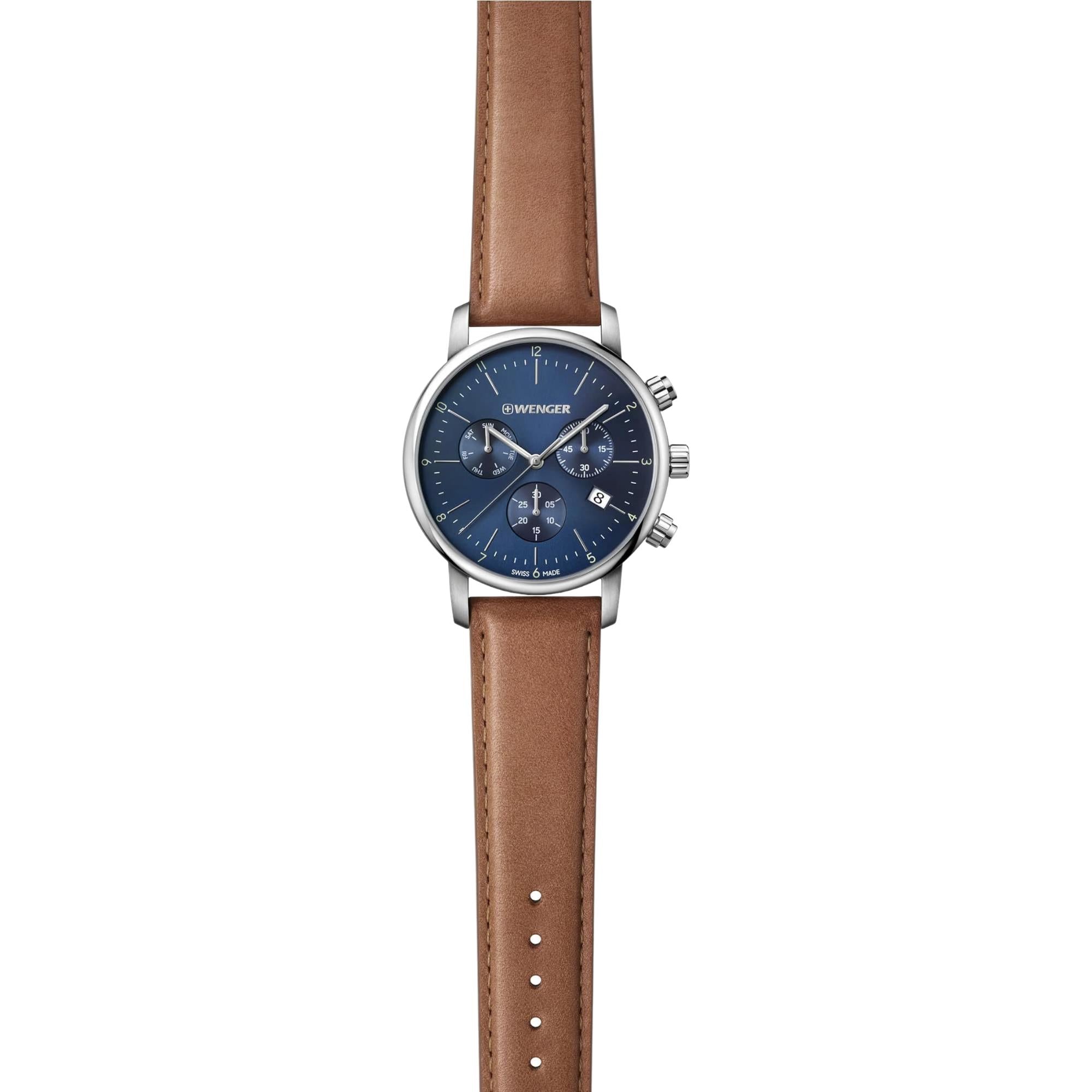 Wenger Urban Classic Chronograph Quartz Blue Dial Brown Leather Strap Men’s Watch 01.1743.104