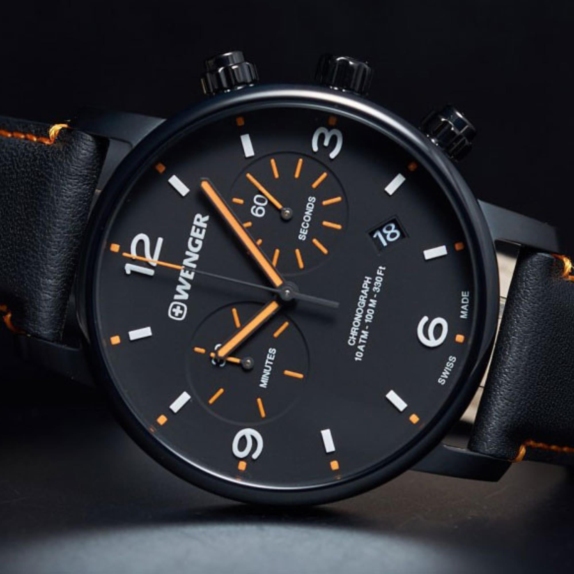 Wenger Metropolitan Chronograph Quartz Black Dial Black Leather Strap Men's Watch 01.1743.114