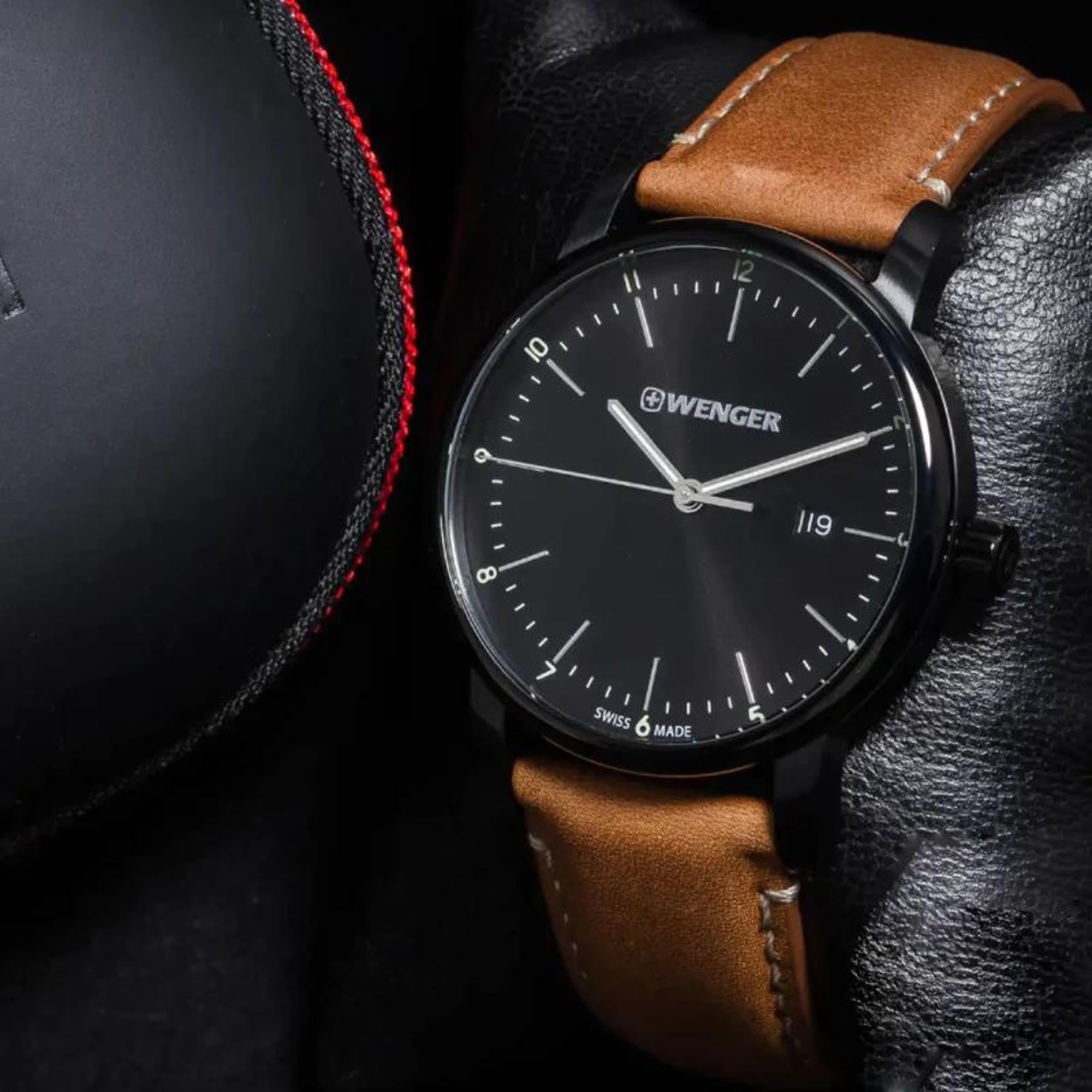 Wenger Urban Classic Quartz Black Dial Brown Leather Strap Men's Watch 01.1741.136