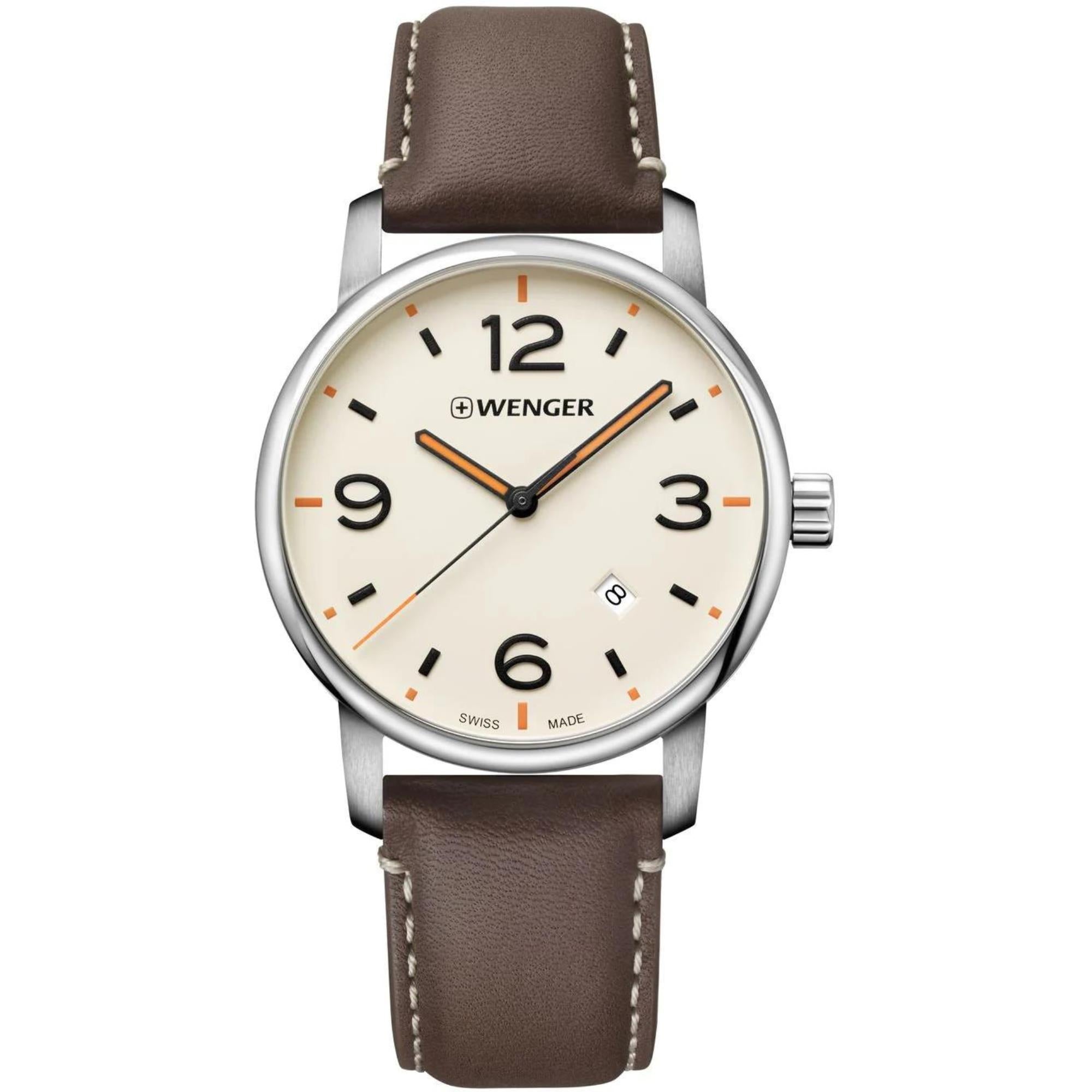 Wenger Urban Metropolitan Quartz Cream Dial Brown Leather Strap Men's Watch 01.1741.133