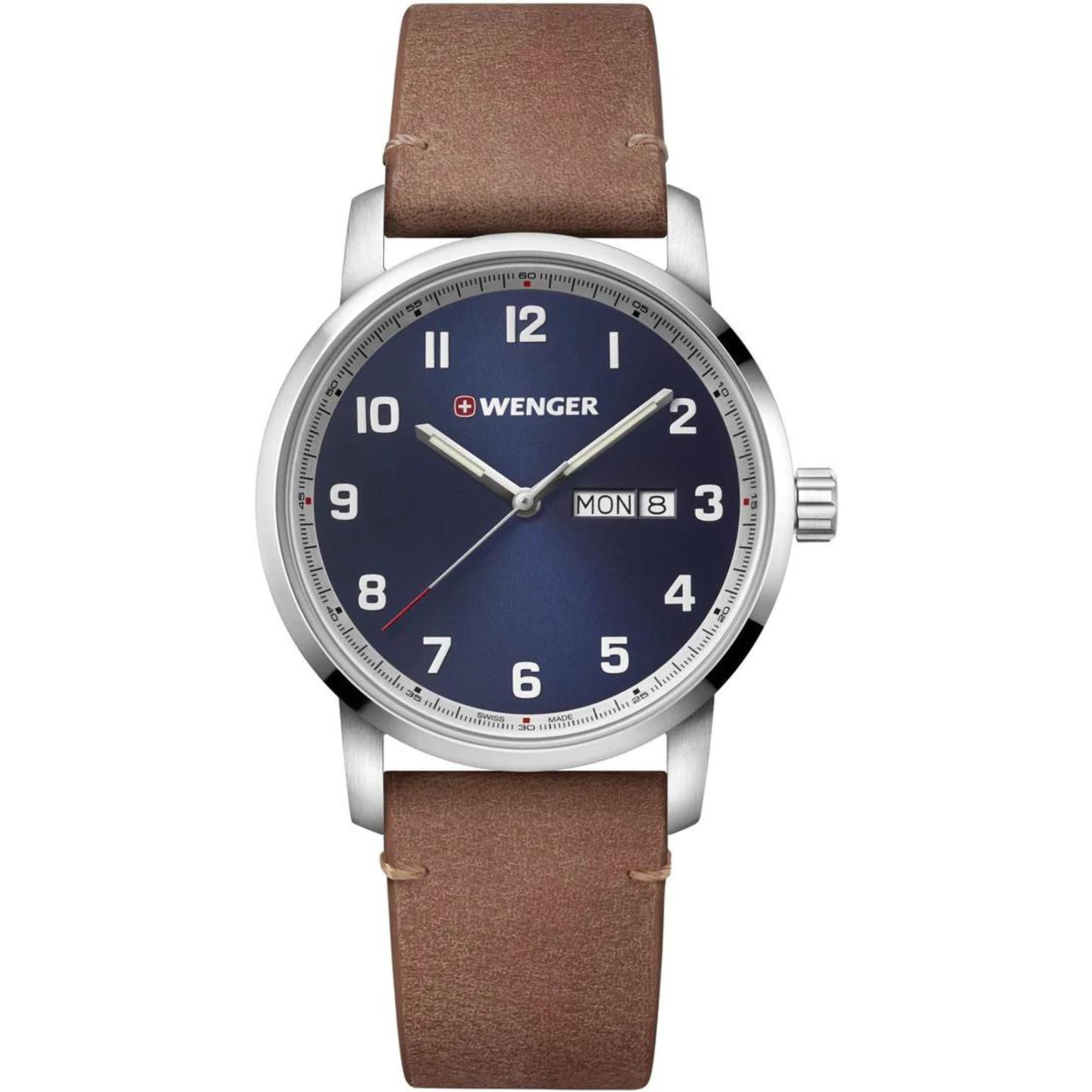 Wenger Attitude Heritage Quartz Blue Dial Brown Leather Strap