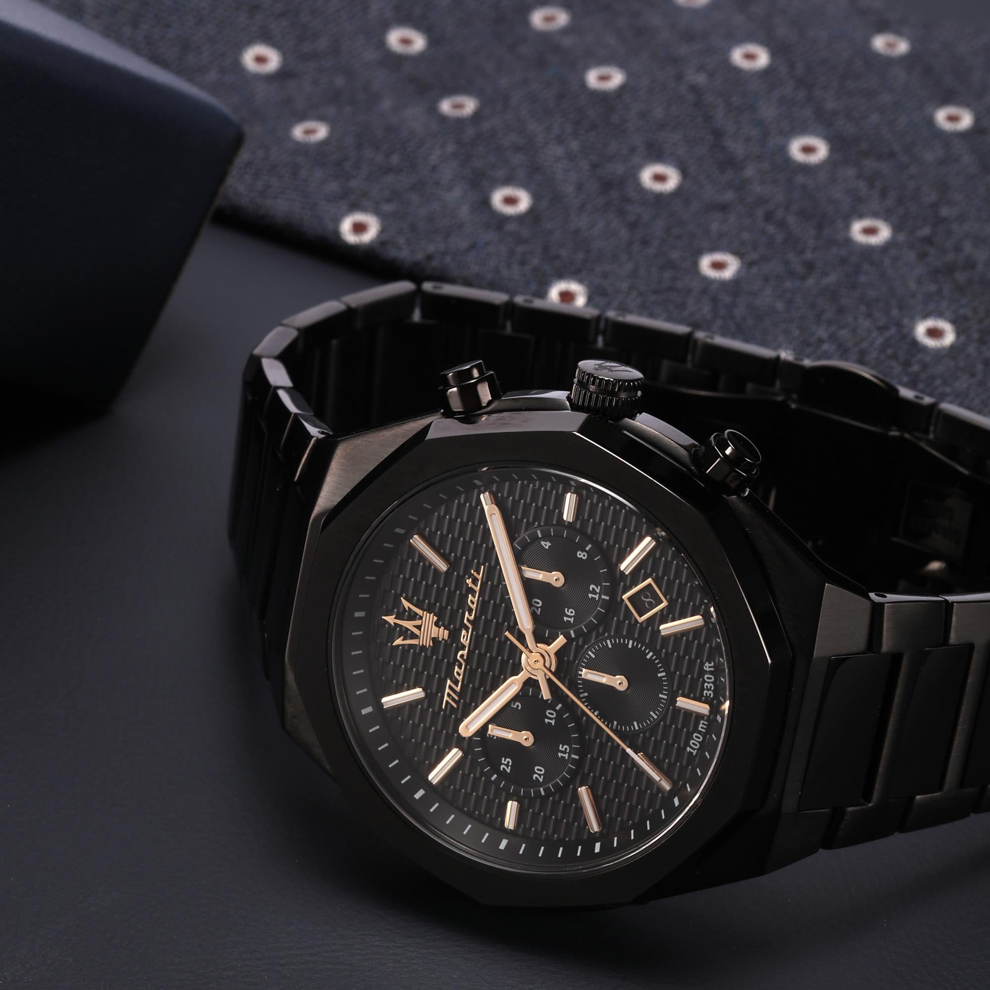 Maserati Stile Quartz Black Chronograph Dial Black PVD Steel Bracelet Men's Watch R8873642005