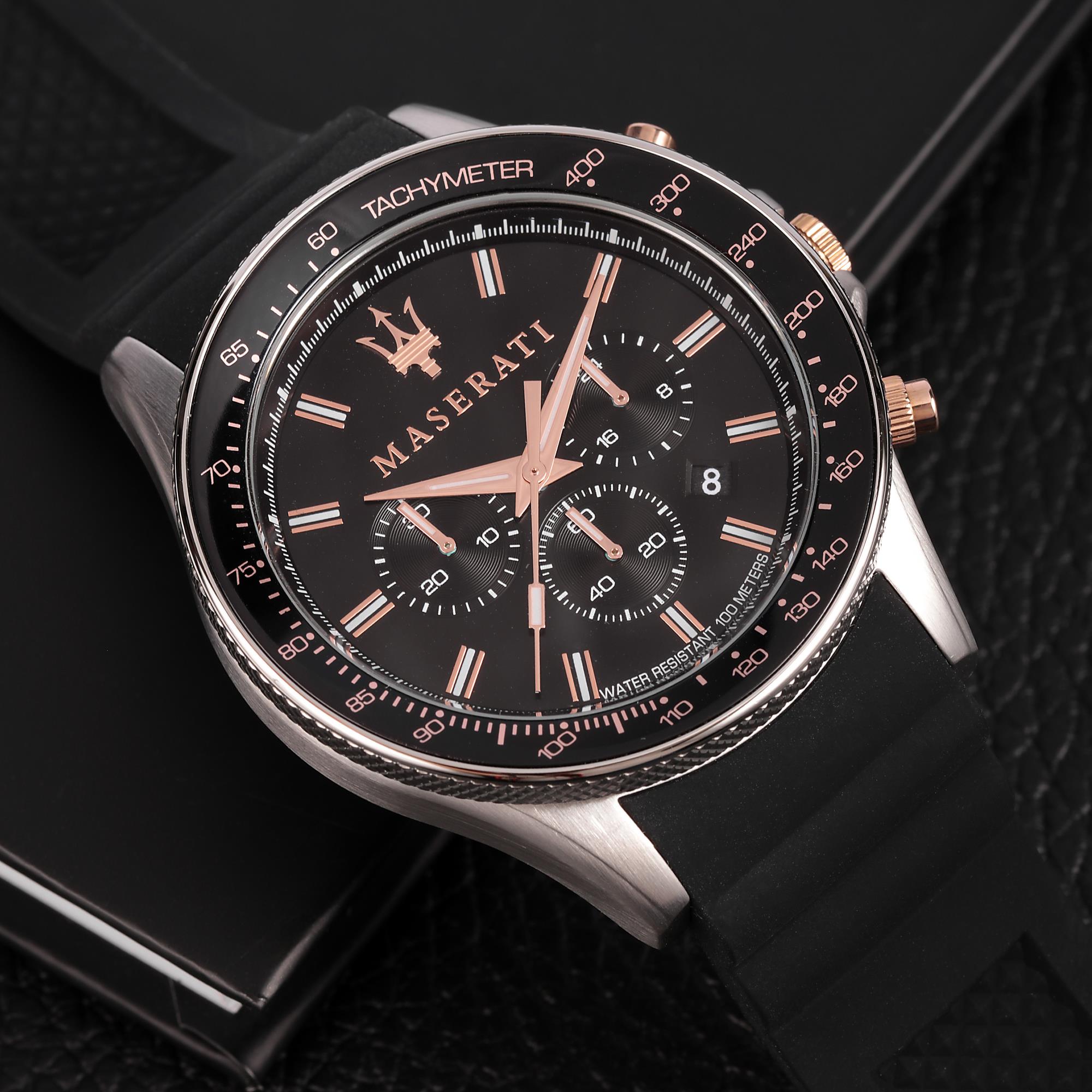 Maserati Sfidia Quartz Black Chronograph Dial Black Silicone Strap Men's Watch R8871640002