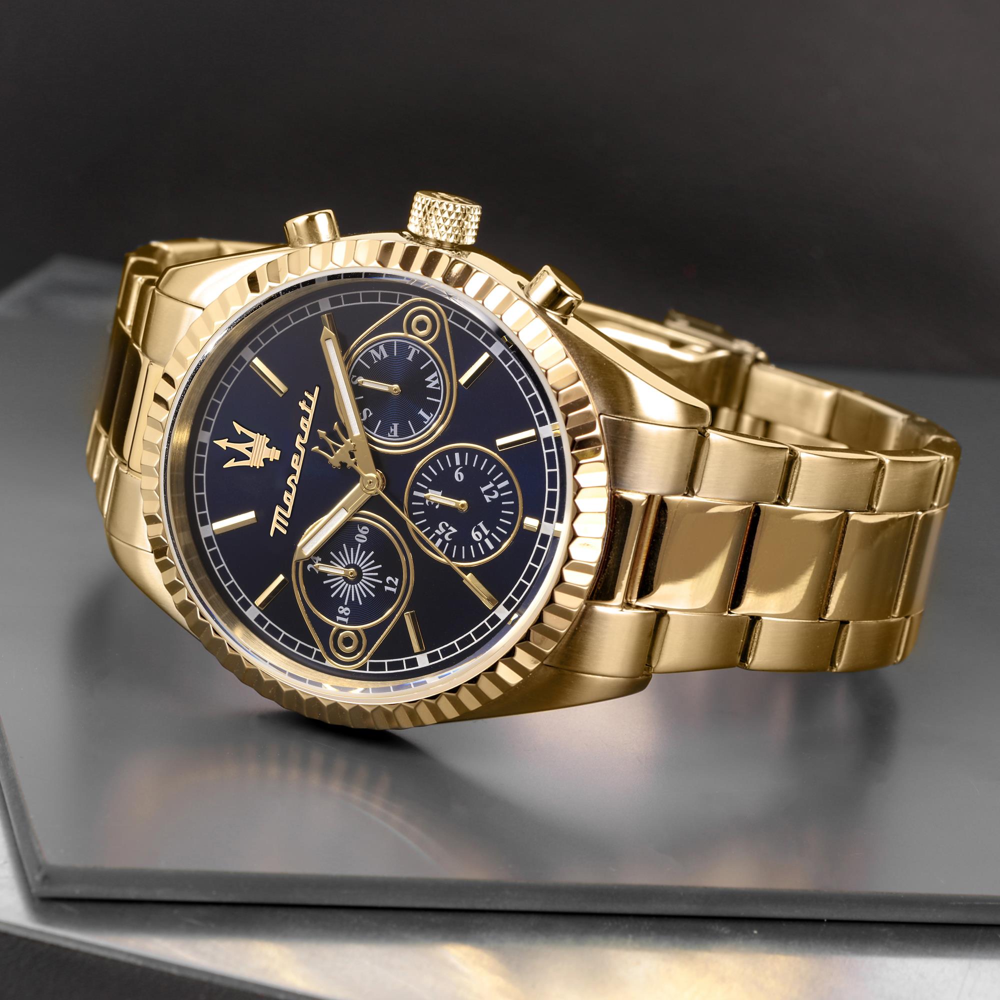 Maserati Competizione Quartz Blue Chronograph Dial Gold PVD Steel Bracelet Men's Watch R8853100026