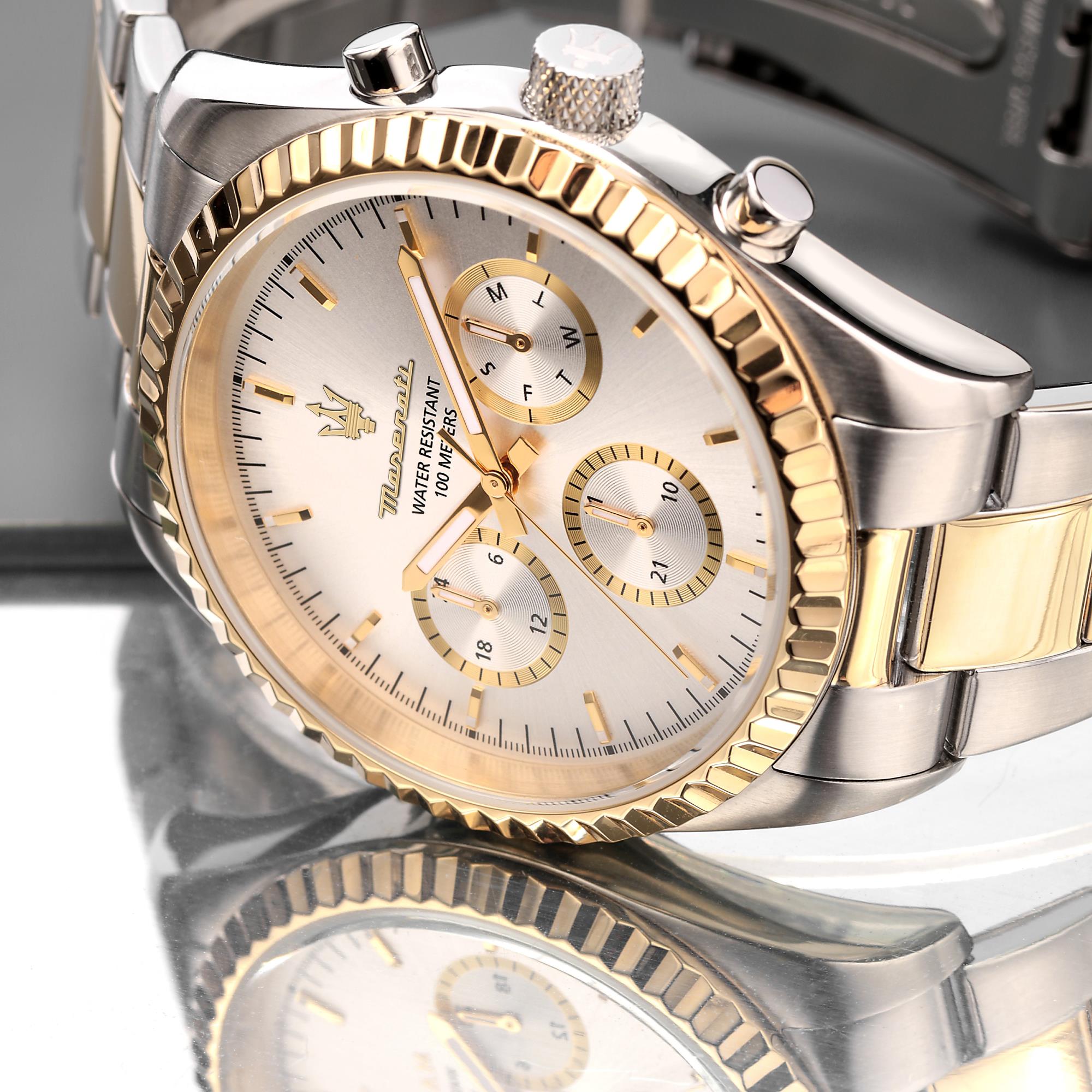 Maserati Competizione Quartz Silver Chronograph Dial Two Tone Steel Bracelet Men's Watch R8853100021