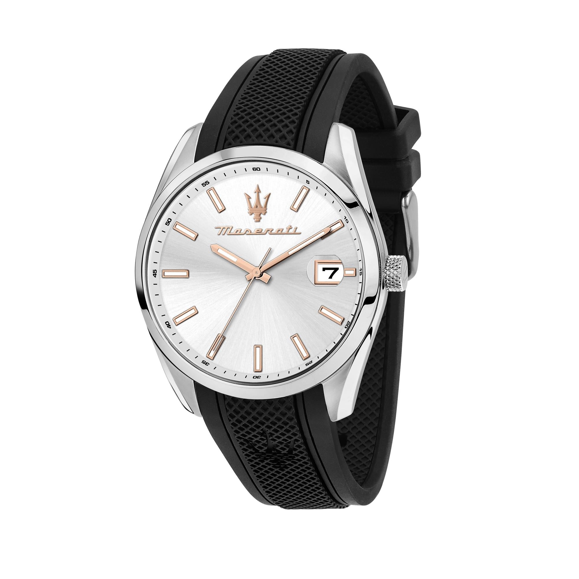 Maserati Attrazione Quartz Silver Dial Black Silicone Strap Men's Watch R8851151006