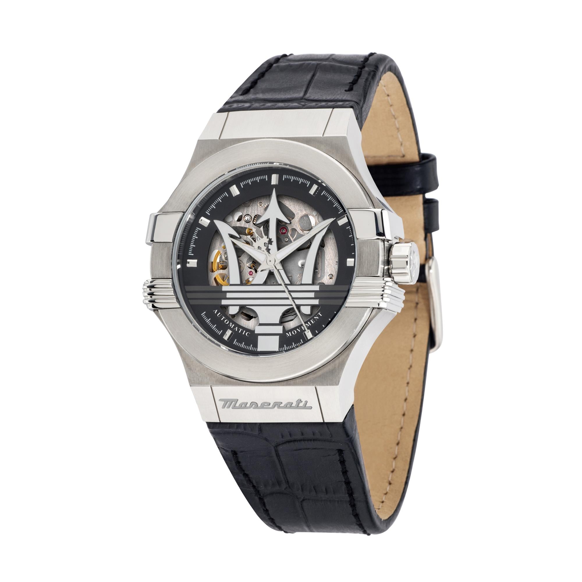 Maserati Potenza Quartz Skeleton Dial Black Leather Strap Men's Watch R8821108038