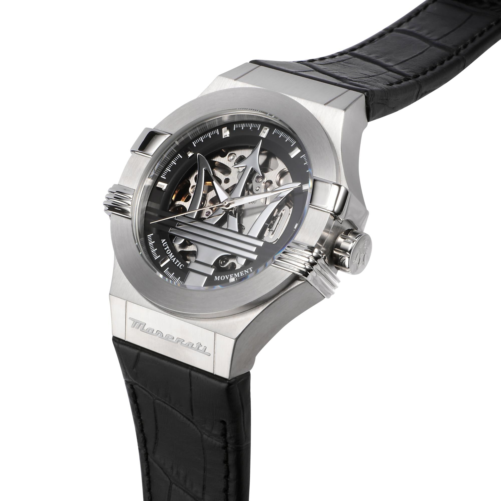 Maserati Potenza Quartz Skeleton Dial Black Leather Strap Men's Watch R8821108038