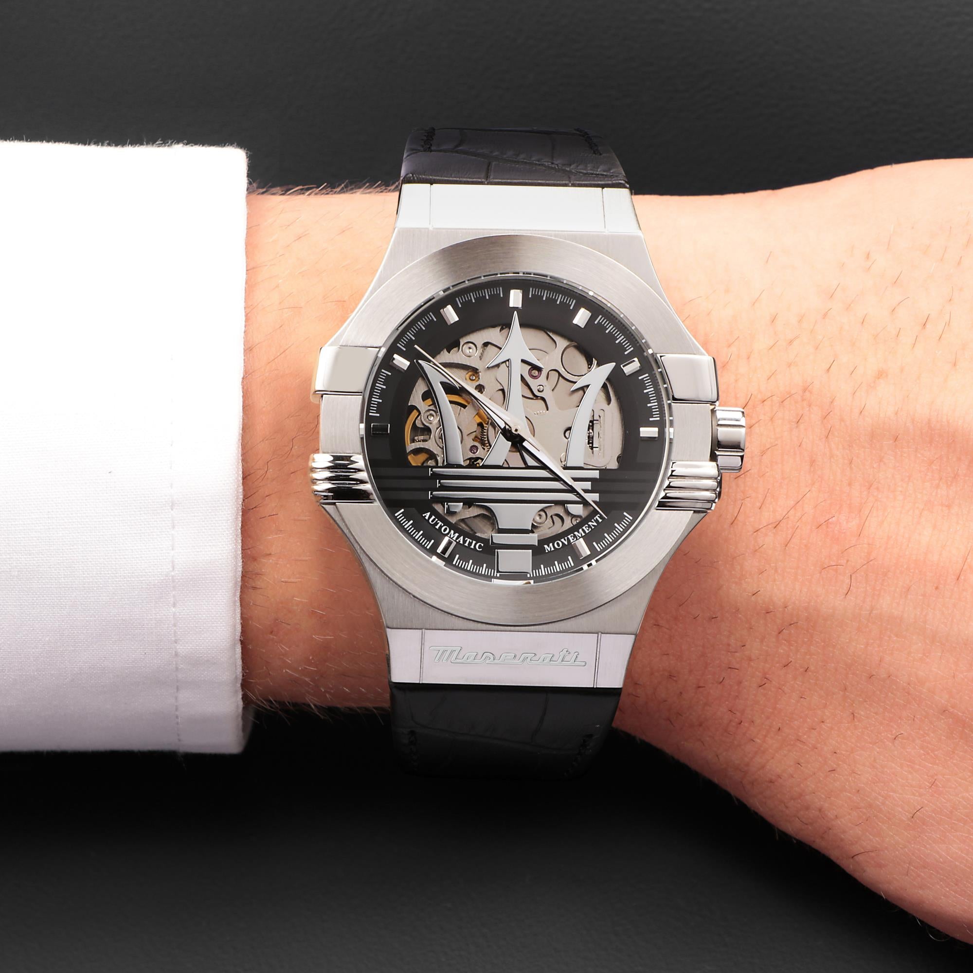 Maserati Potenza Quartz Skeleton Dial Black Leather Strap Men's Watch R8821108038
