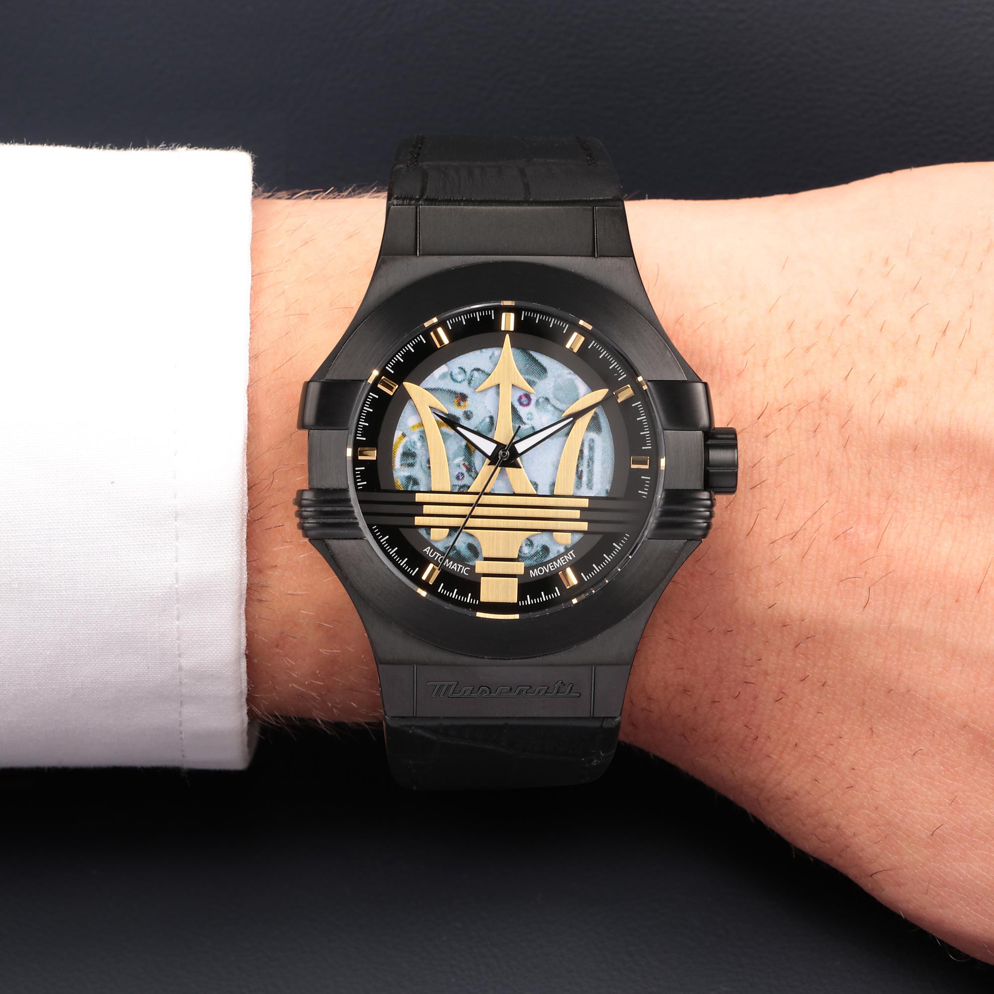 Maserati Potenza Quartz Skeleton Dial Black Leather Strap Men's Watch R8821108036