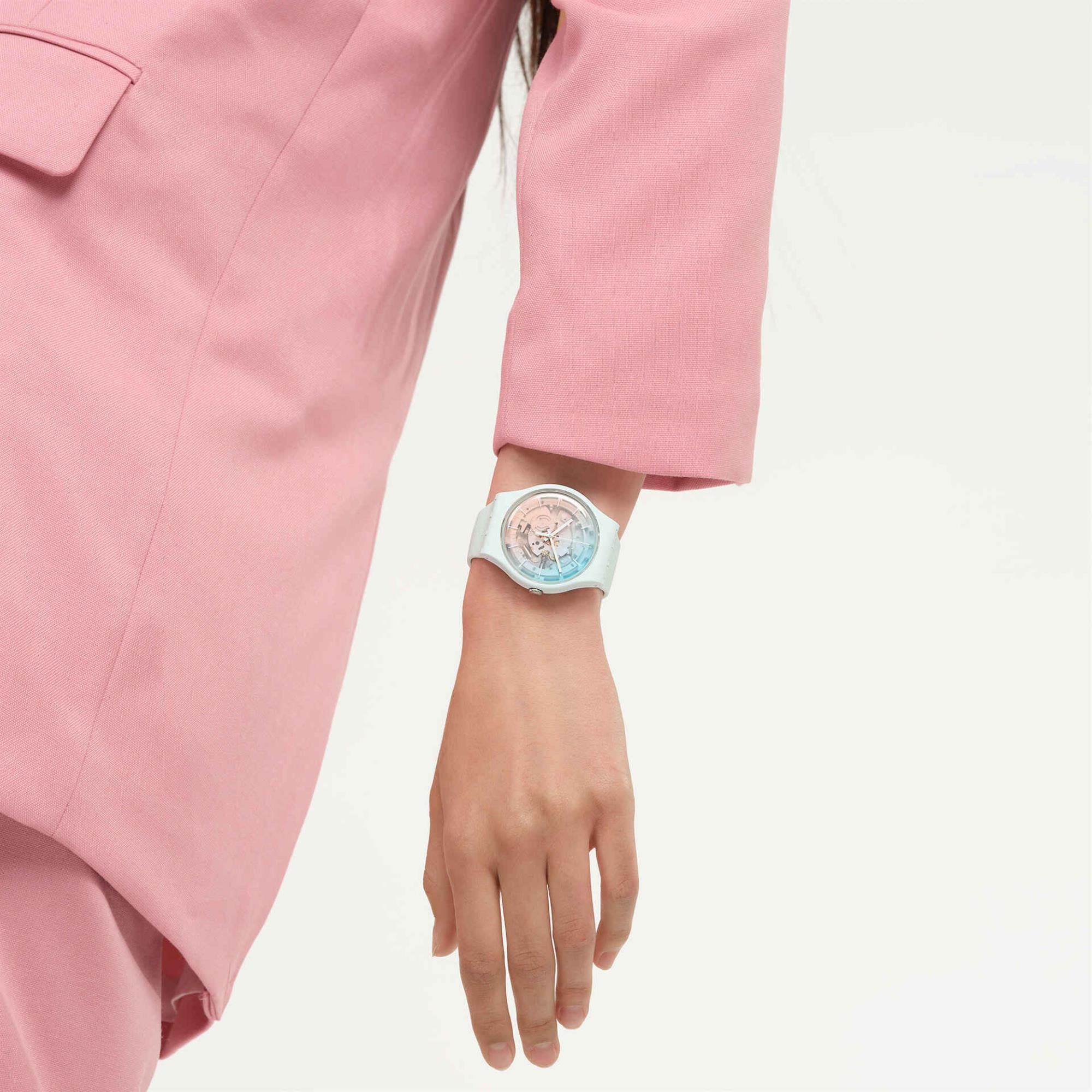 Swatch SwatchPAY! Fleetingly IceBlue! Quartz Pink Dial Silicone Strap Unisex Watch SO32S101