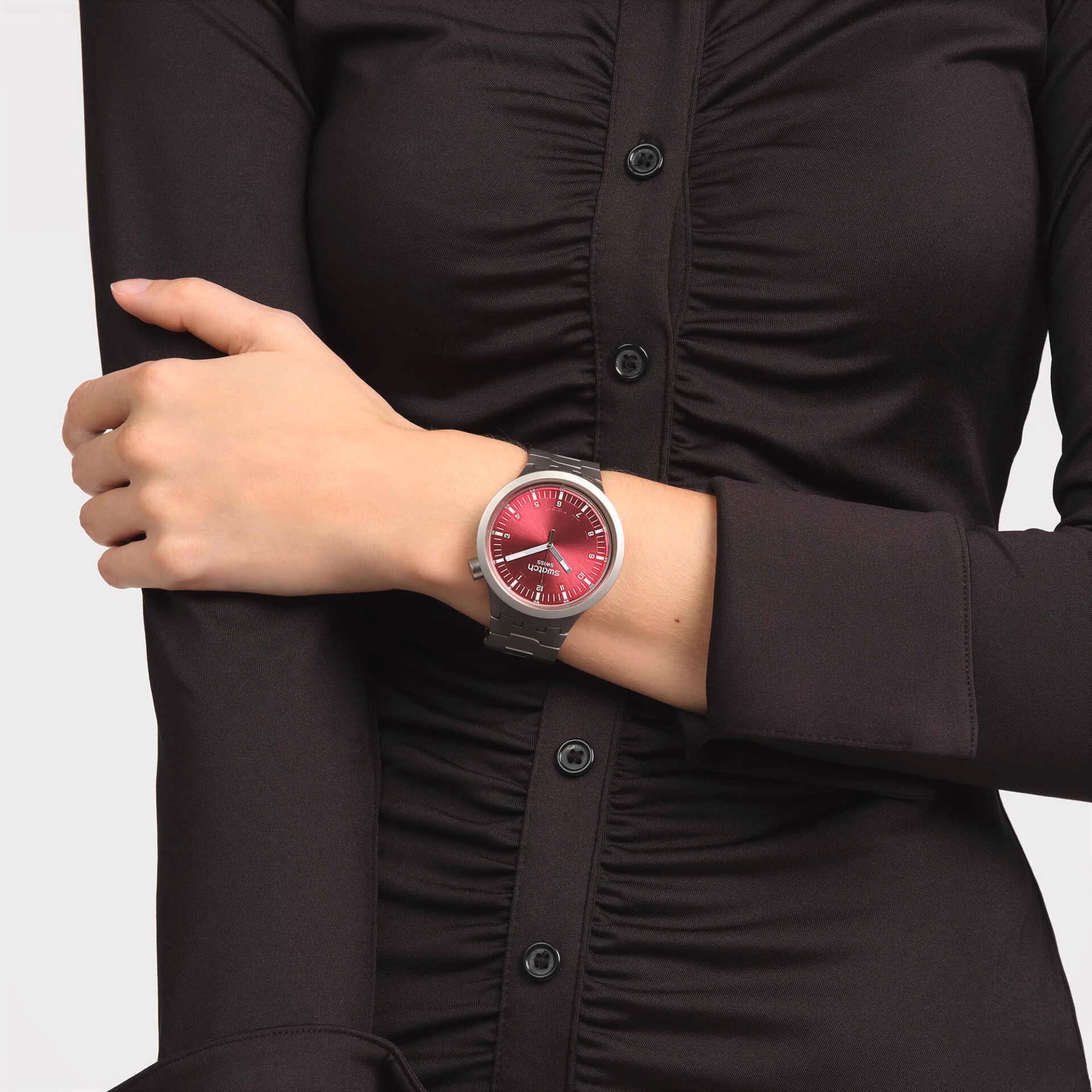 Swatch Big Bold Scarlett Shimmer Quartz Red Dial Stainless Steel Bracelet Unisex Watch SB07S104G