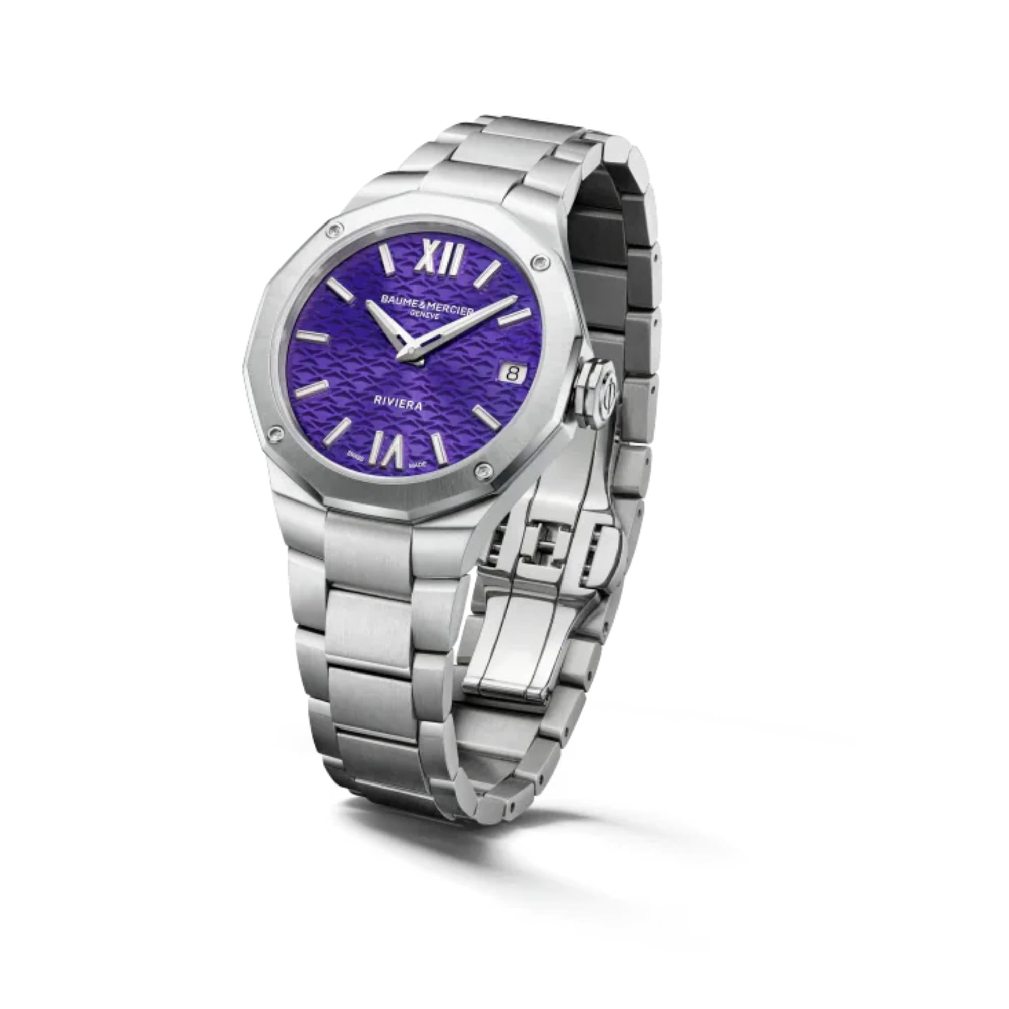 Baume & Mercier Riviera "Swiss Made" Quartz Purple Dial Stainless Steel Strap Women's Watch BM0A10728