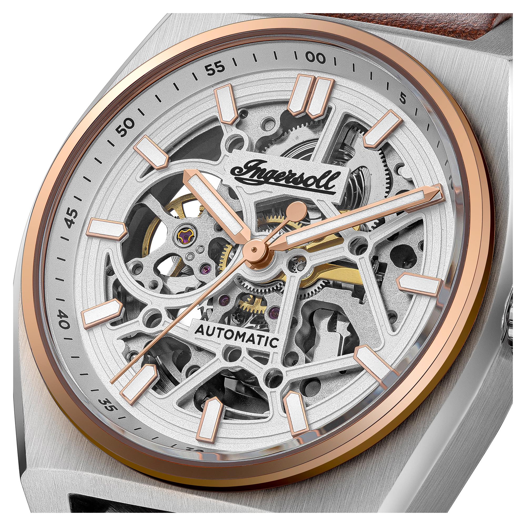 Ingersoll The Vert Automatic Silver Skeleton Dial Brown Leather Strap Men's Watch I14302