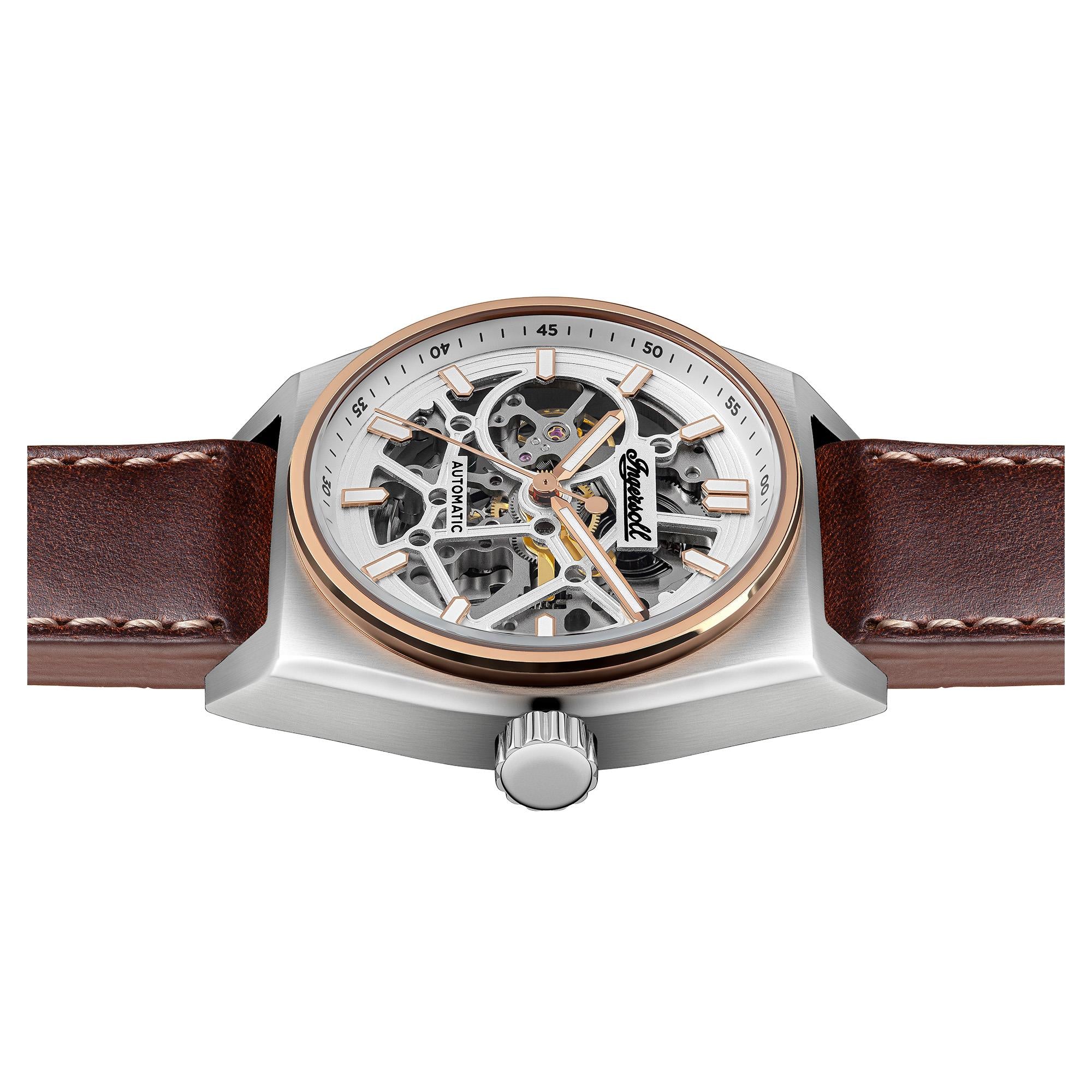 Ingersoll The Vert Automatic Silver Skeleton Dial Brown Leather Strap Men's Watch I14302