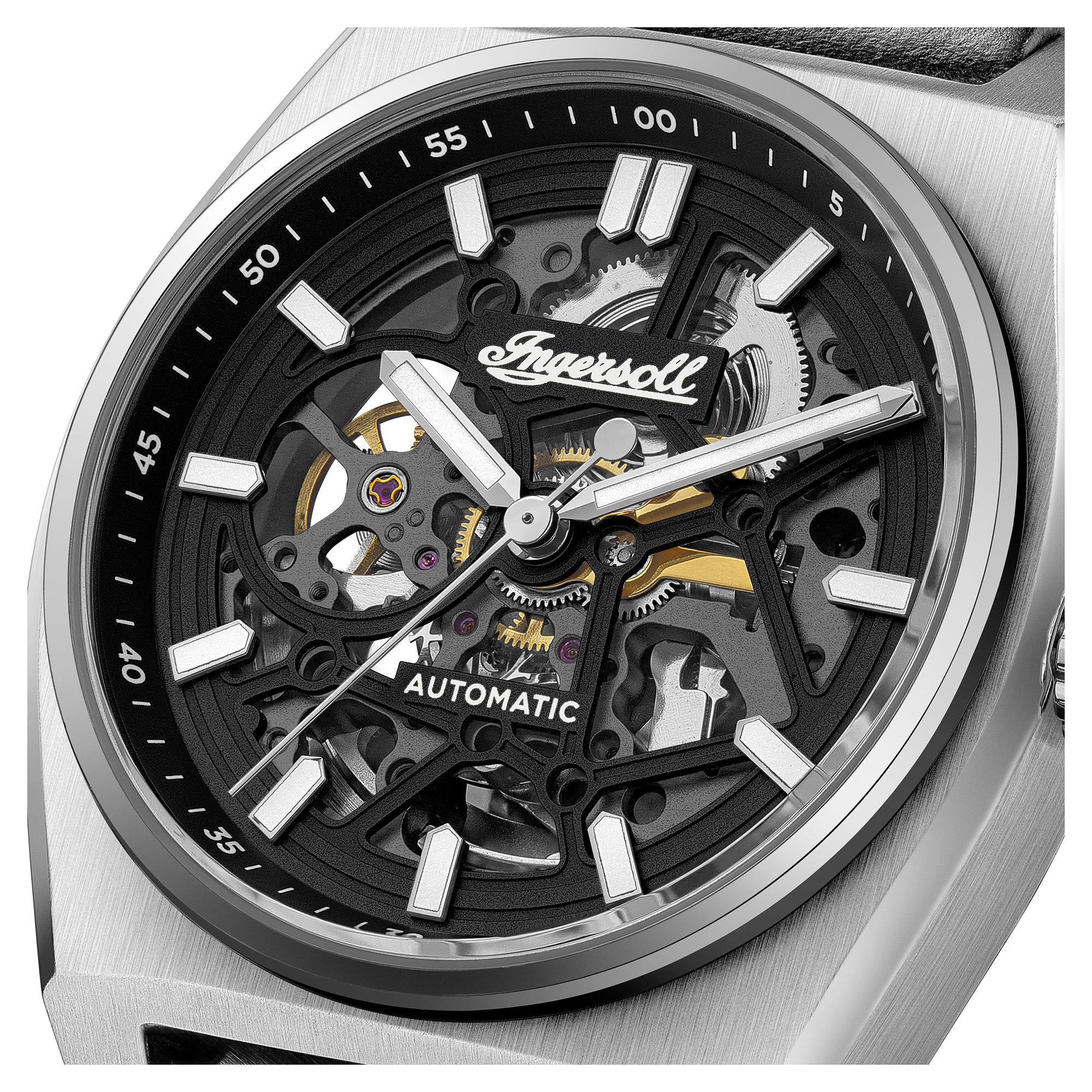 Ingersoll The Vert Automatic Black Skeleton Dial Black Leather Strap Men's Watch I14301