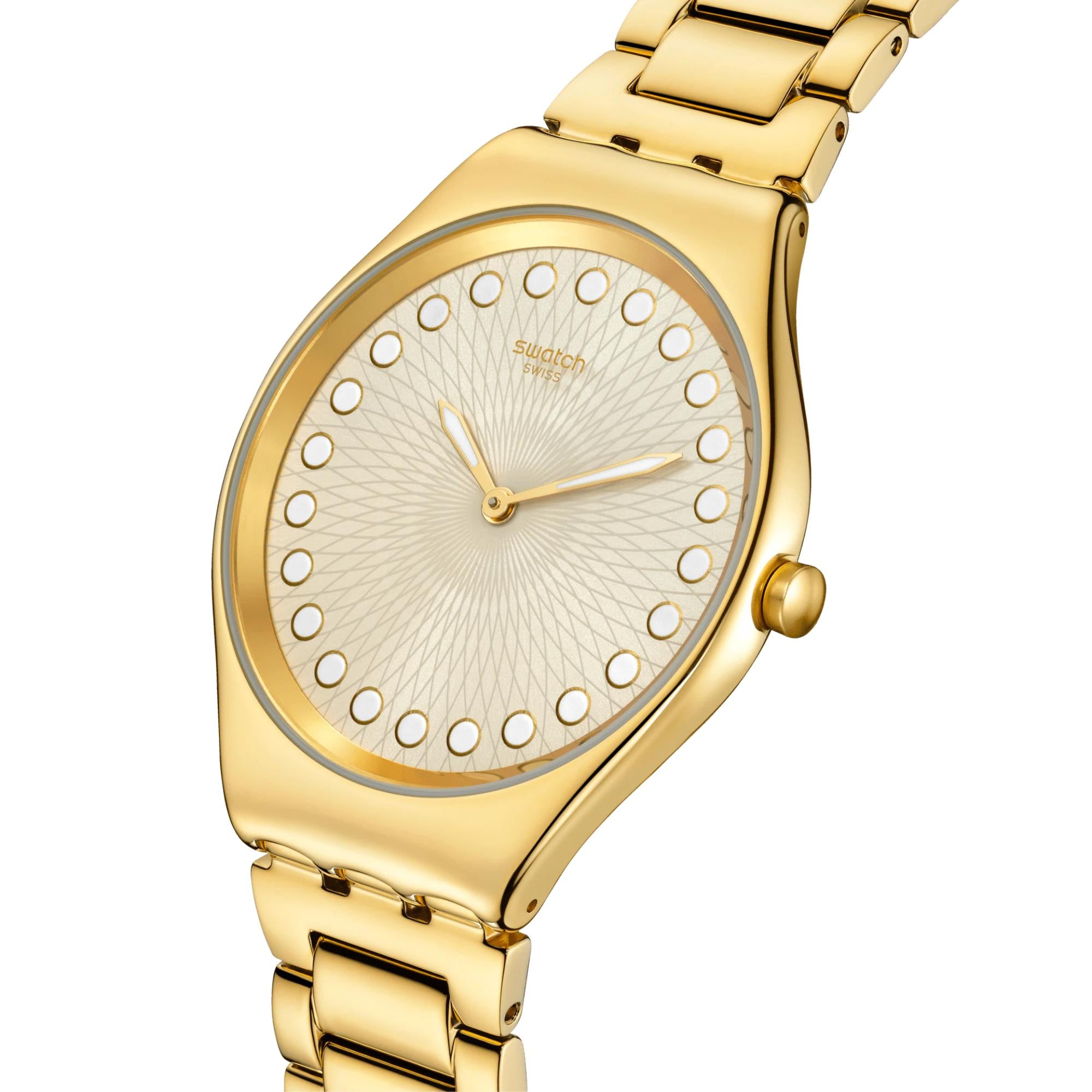 Swatch Holiday Collection Bubbly And Bright Quartz Beige Dial Gold PVD Stainless Steel Case Unisex Watch SYXG126G