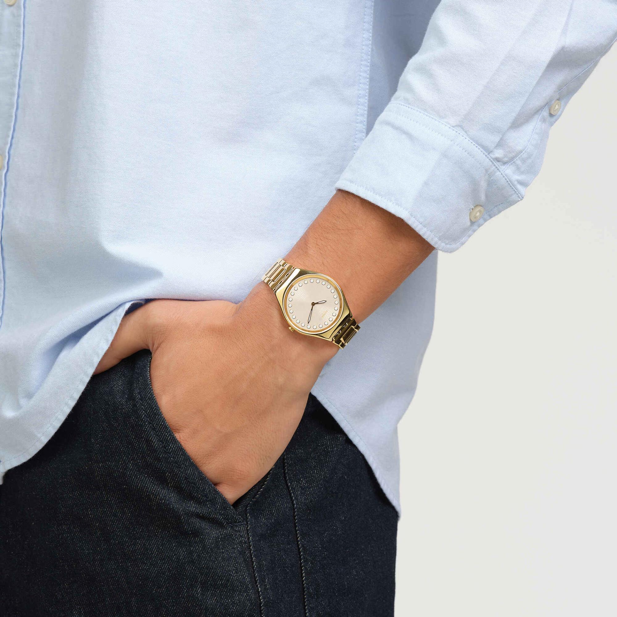 Swatch Holiday Collection Bubbly And Bright Quartz Beige Dial Gold PVD Stainless Steel Case Unisex Watch SYXG126G