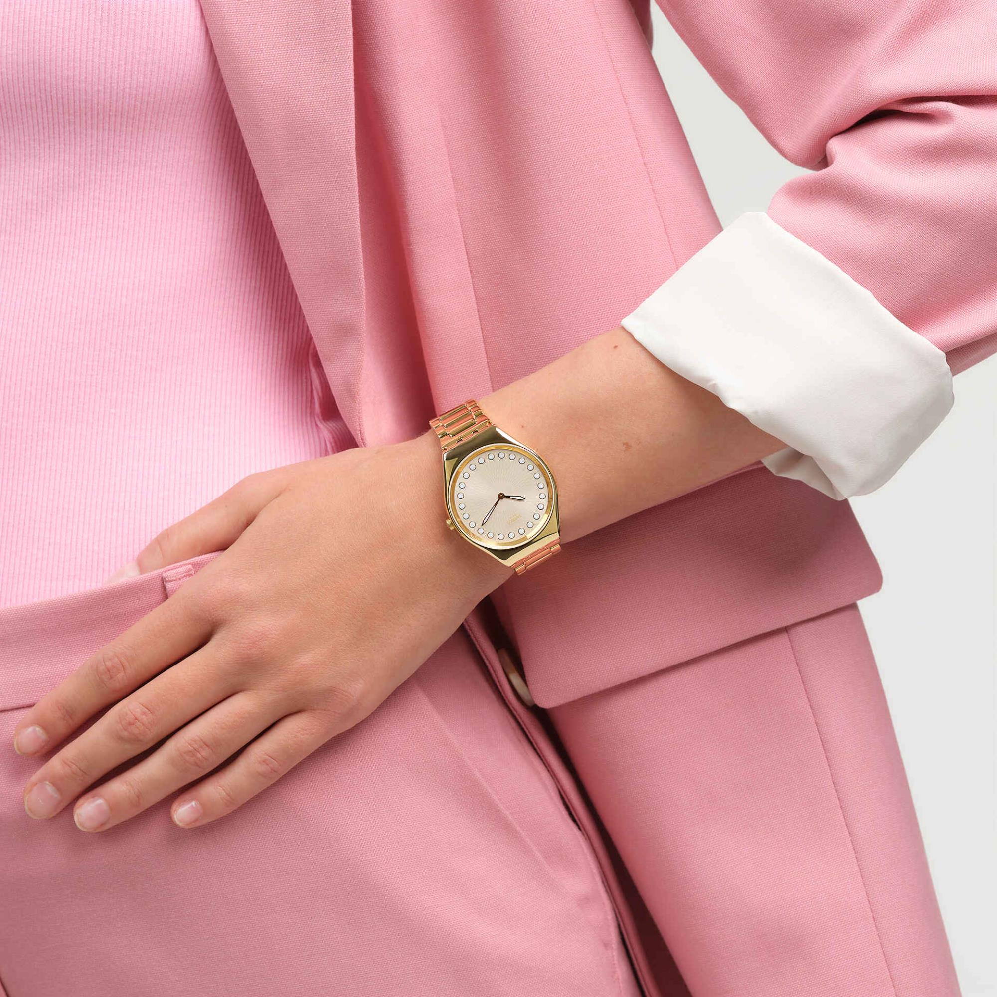 Swatch Holiday Collection Bubbly And Bright Quartz Beige Dial Gold PVD Stainless Steel Case Unisex Watch SYXG126G