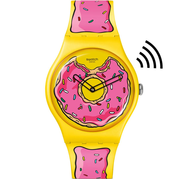Swatch The Simpsons Collection Seconds Of Sweetness Pay! Quartz Yellow Dial Yellow Silicone Strap Unisex Watch SO29Z134-5300