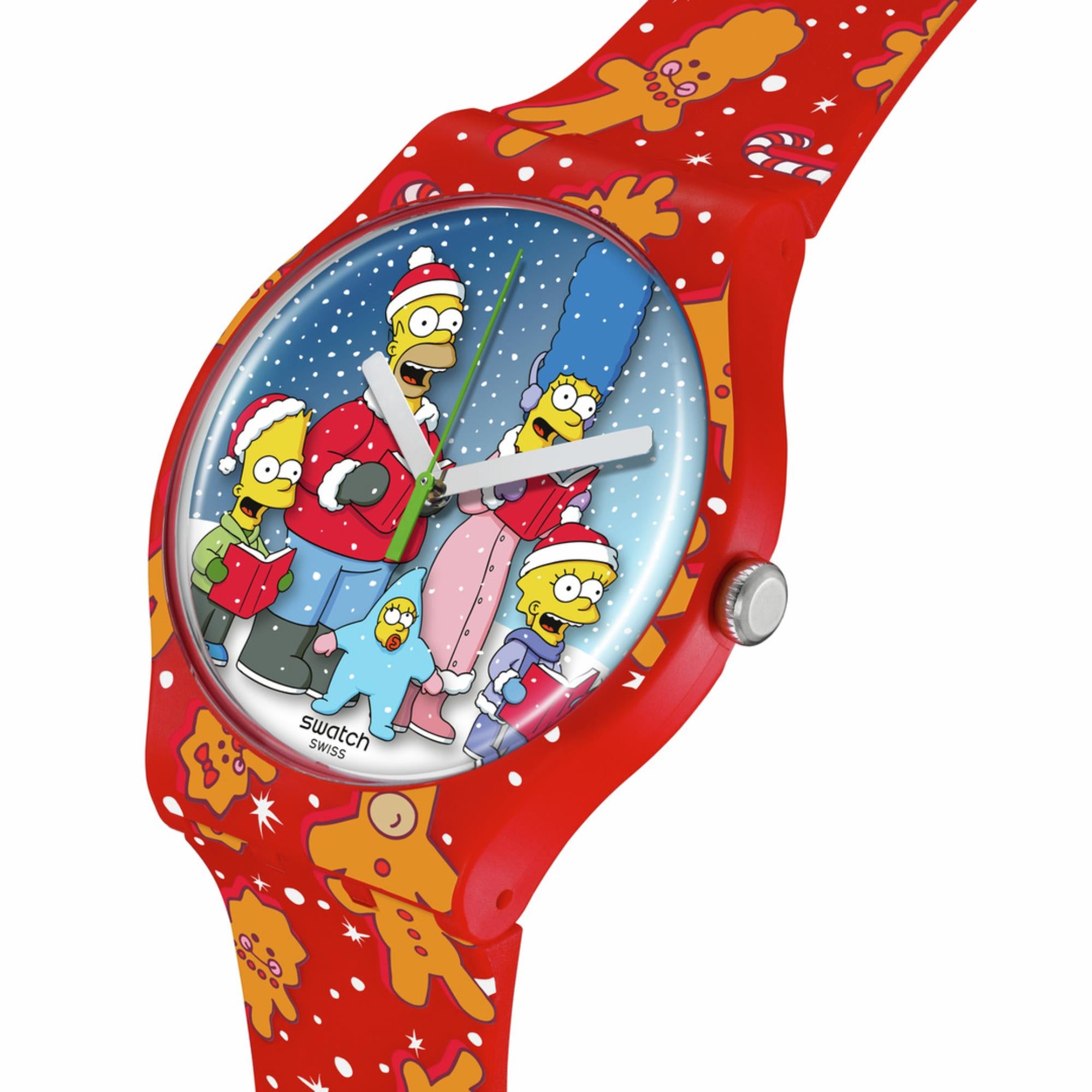 Swatch The Simpsons Collection Wondrous Winter Wonderland Quartz Red Dial Red Silicone Strap Unisex Watch SUOZ361